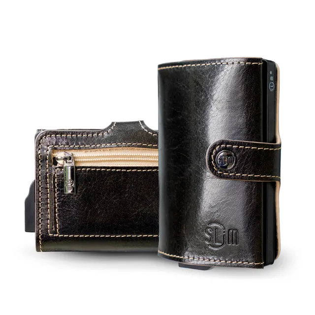 SLim Vera Pelle Portafoglio Testa di moro zip 12 carte RFID