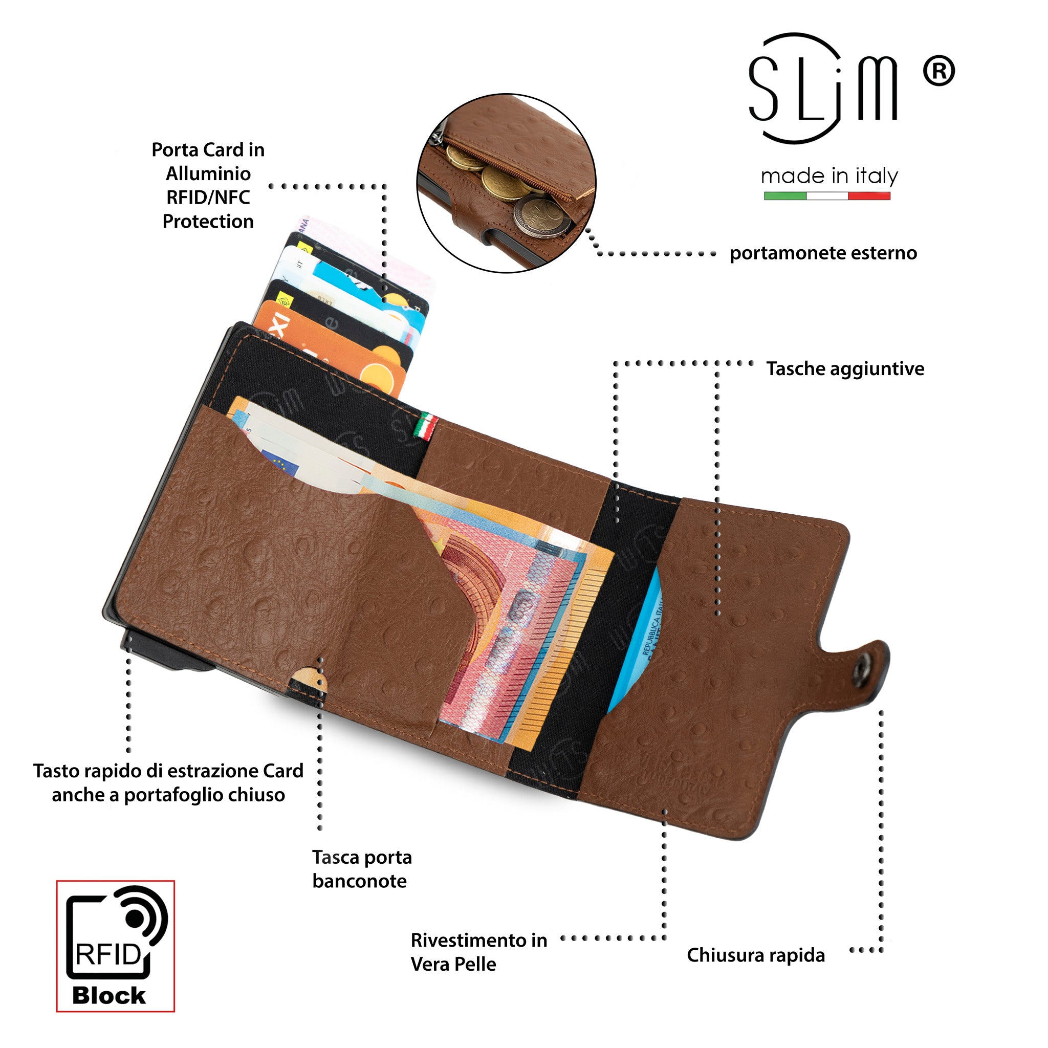 SLim Vera Pelle stampa Struzzo portafoglio Marrone RFID 12 carte
