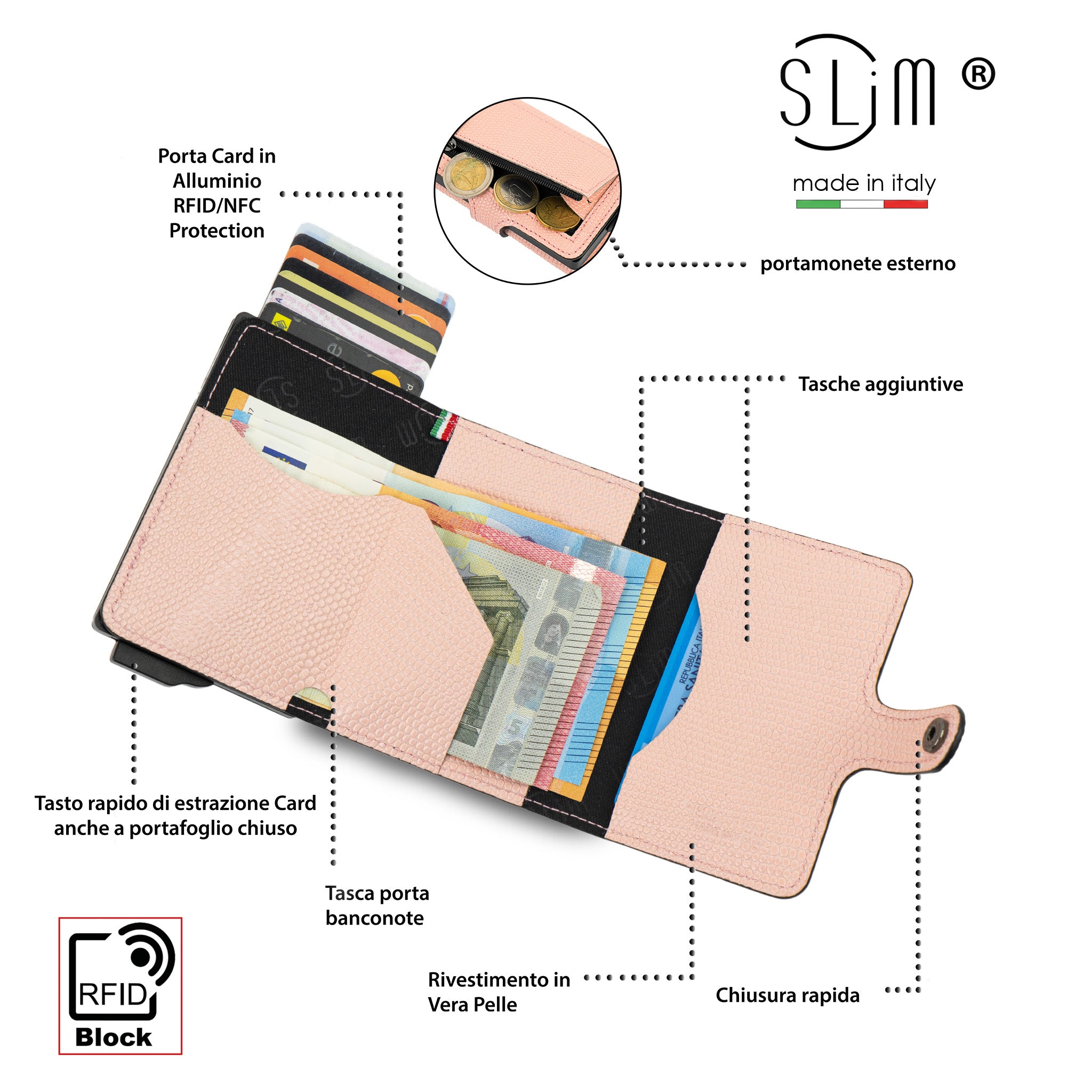 SLim Vera Pelle Portacarte Tejus Rosa 12 Carte RFID