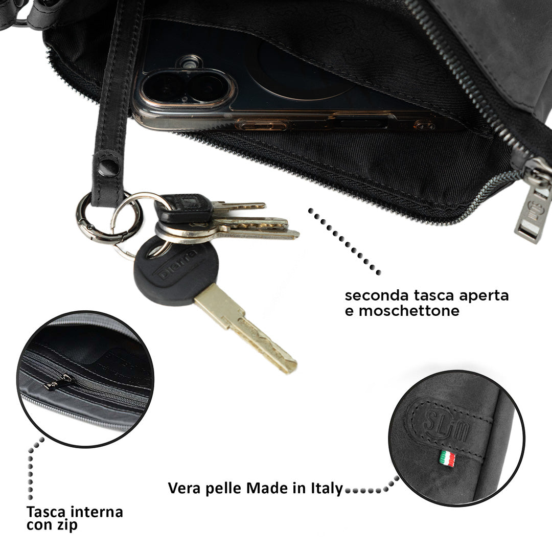 SLim Pochette Max Crazy Nero Vera Pelle
