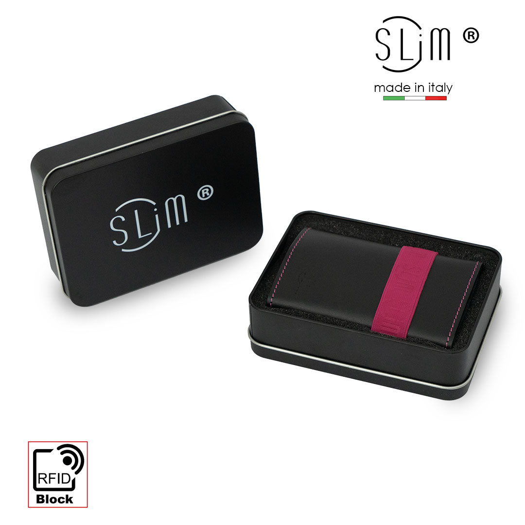 SLim Nero Elastico Fucsia portafoglio zip vera pelle