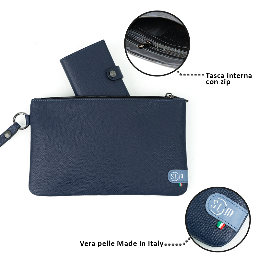 SLim Pochette Polsiera Saffiano Blu pochette pelle 23x14 cm