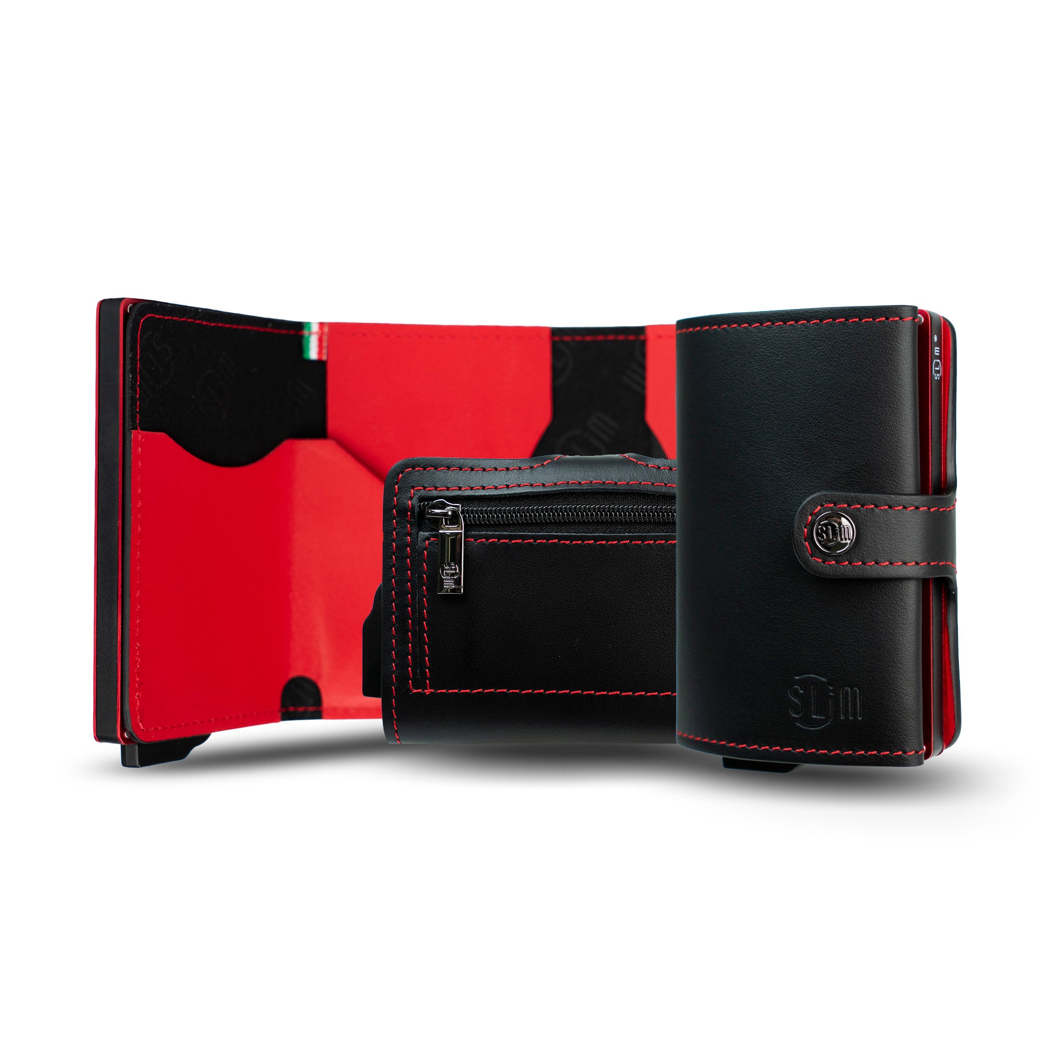 SLim Vera Pelle portafoglio nero rosso zip RFID 12 carte