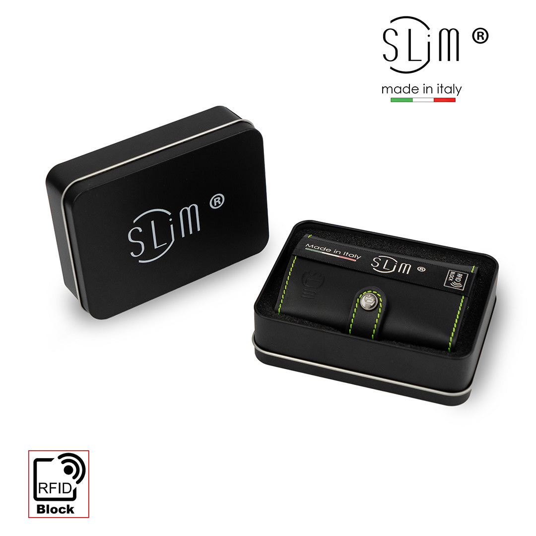 SLim Vera Pelle Nero Lime portacarte zip monete