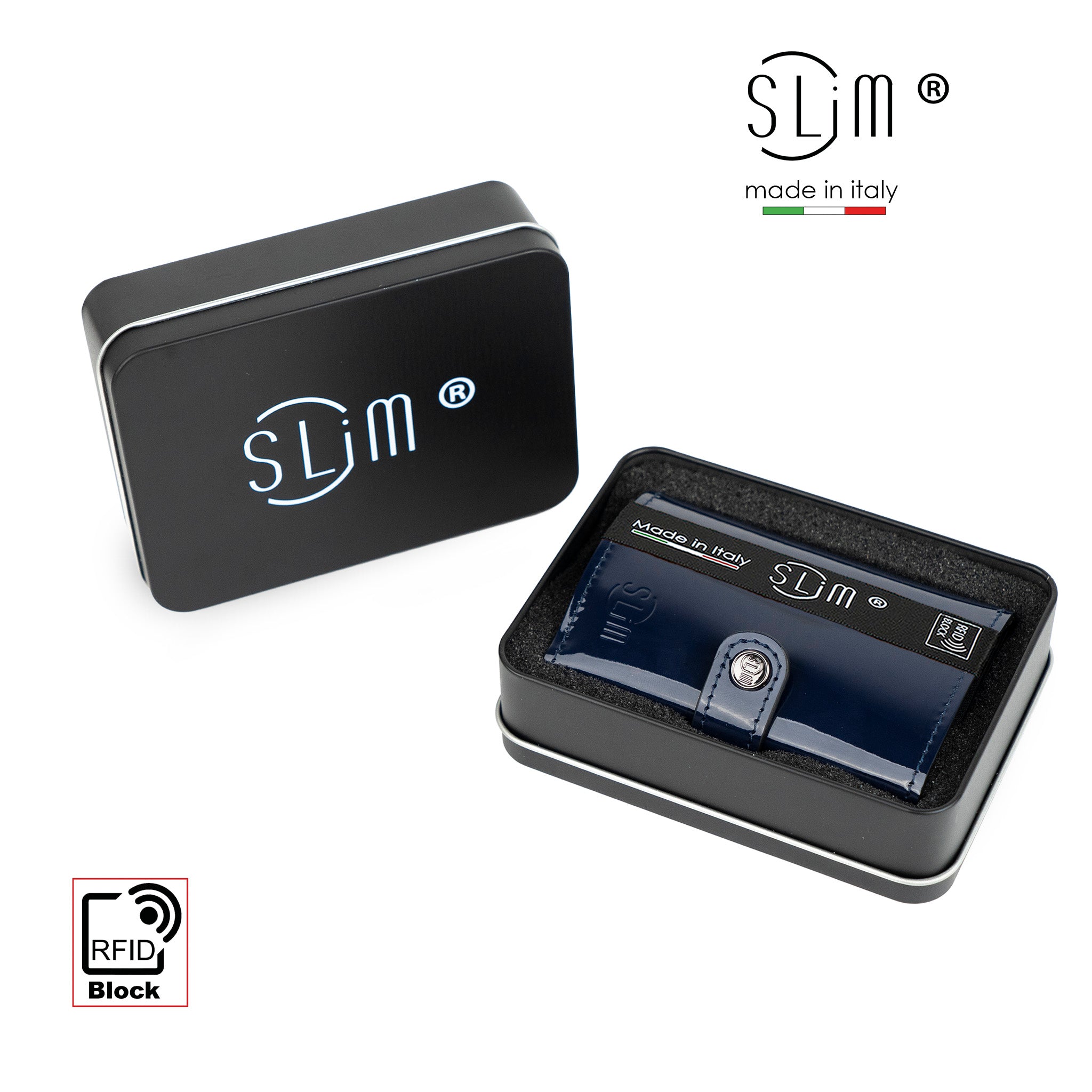 SLim Vera Pelle portafoglio Specchio Blu con Zip 12 carte