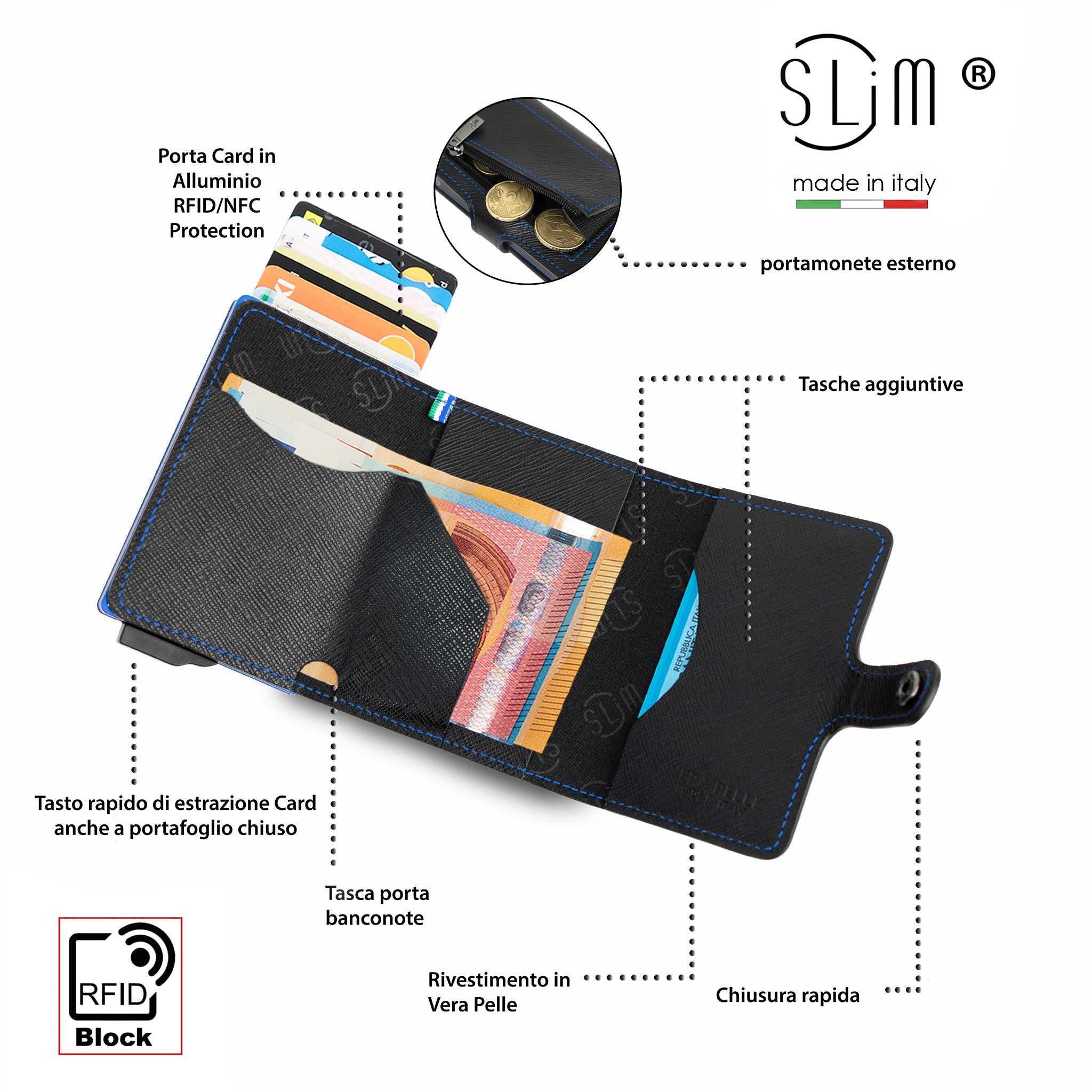 SLim Saffiano Nero portafoglio cassa blu vera pelle