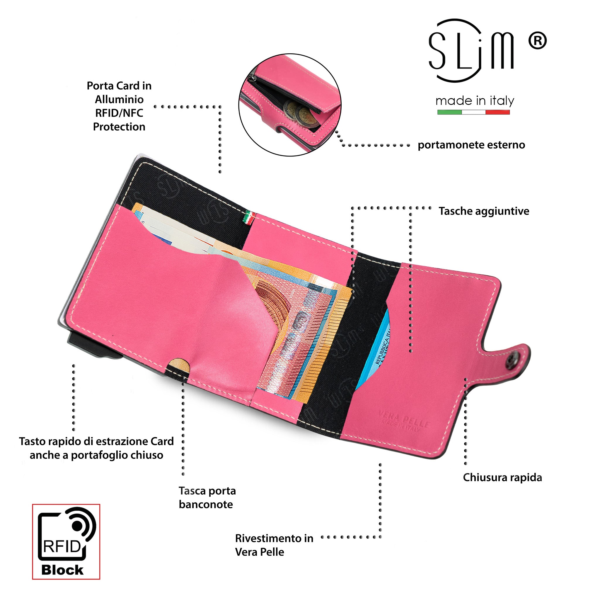SLim Porta Carte Vegetale Fucsia Zip RFID 10,5 cm