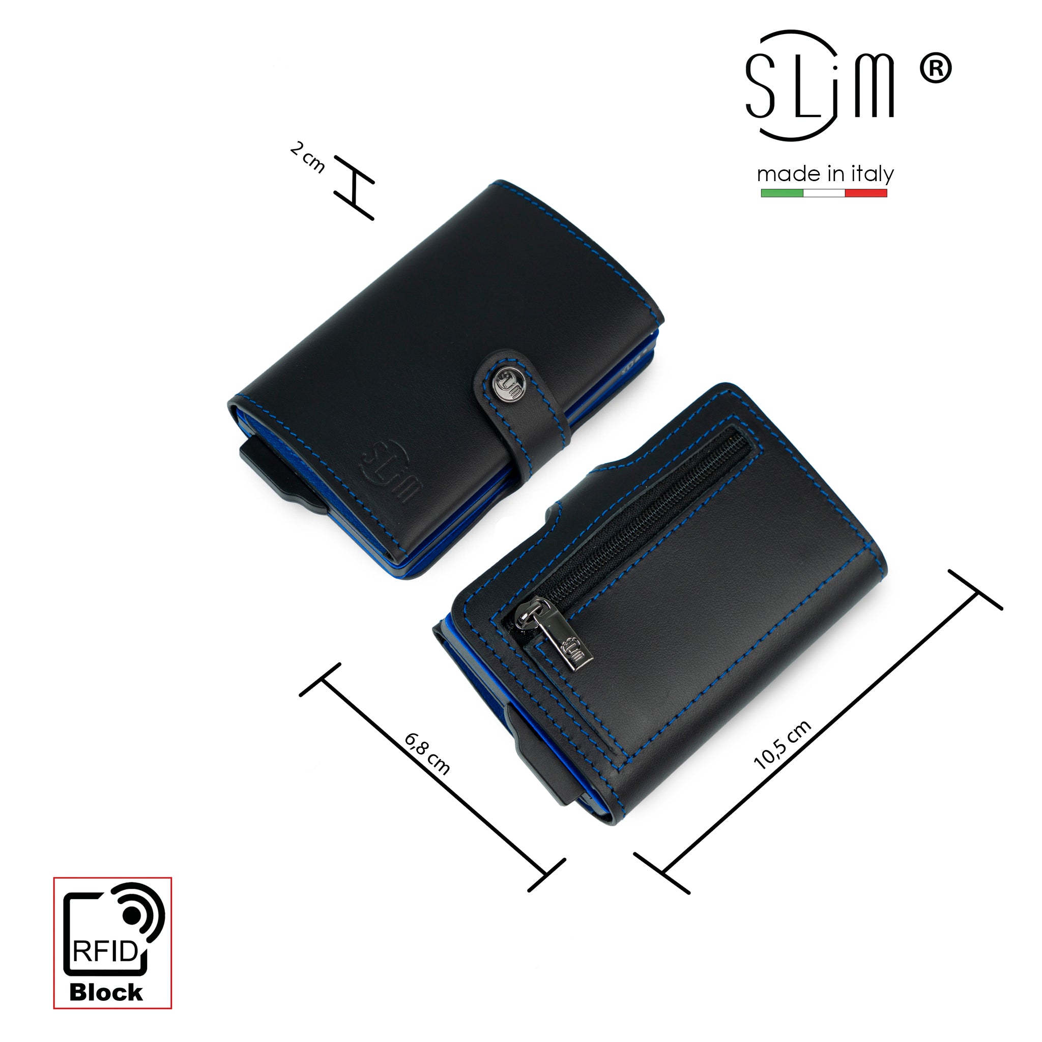 SLim Portacarte pelle nero blu con zip monete RFID