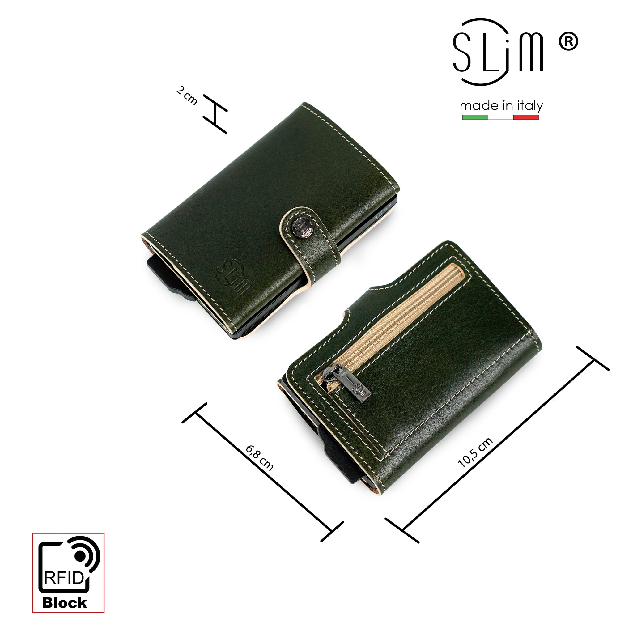 SLim Vera Pelle Vegetale Verde Zip portacarte RFID 10,5x7