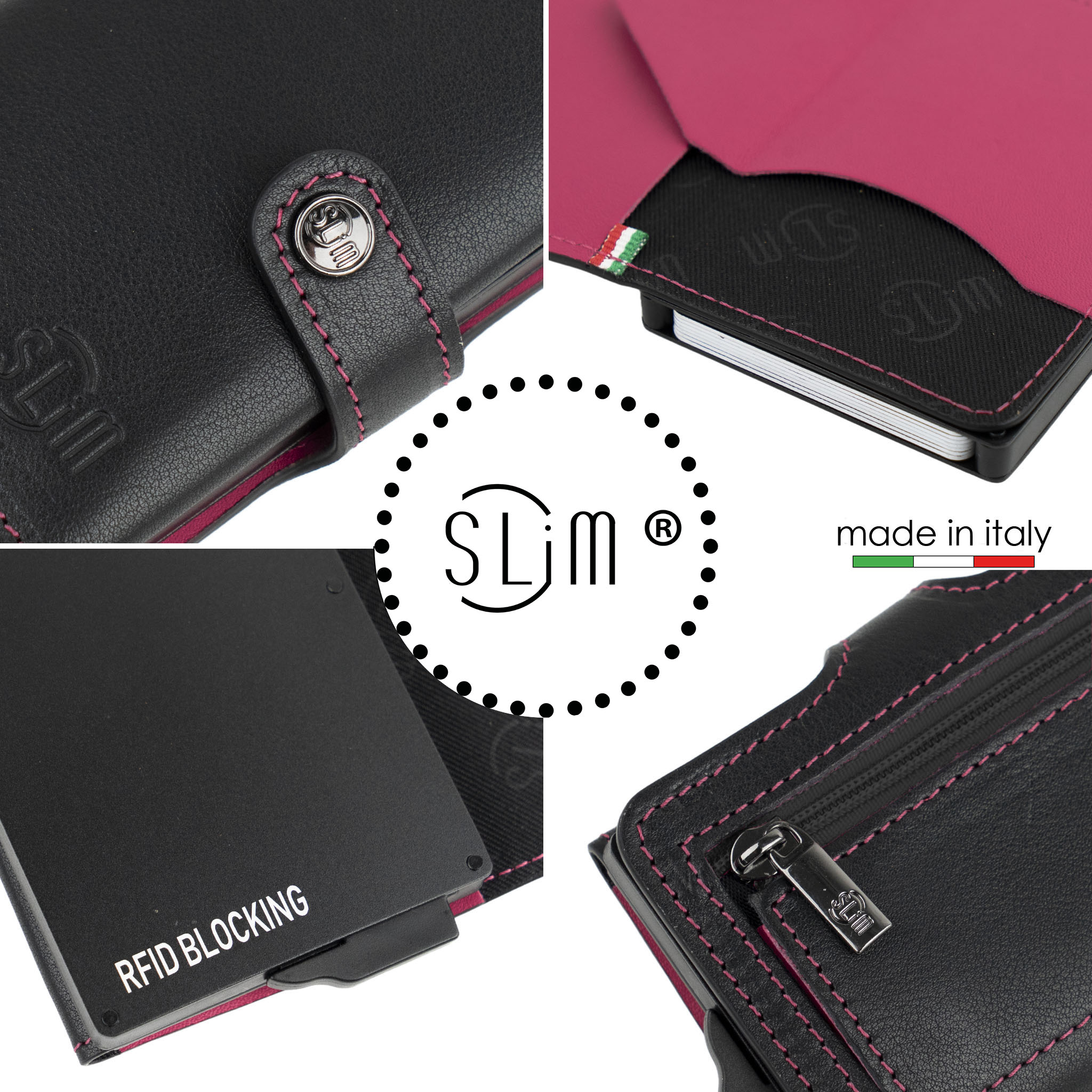 SLim Vera Pelle Portafoglio Nero Fucsia 12 Carte RFID