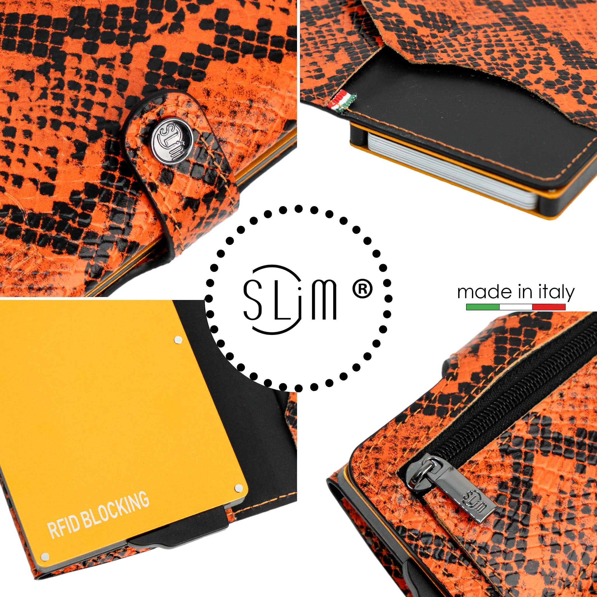 SLim Vera Pelle Rettile Arancio portafoglio compatto RFID