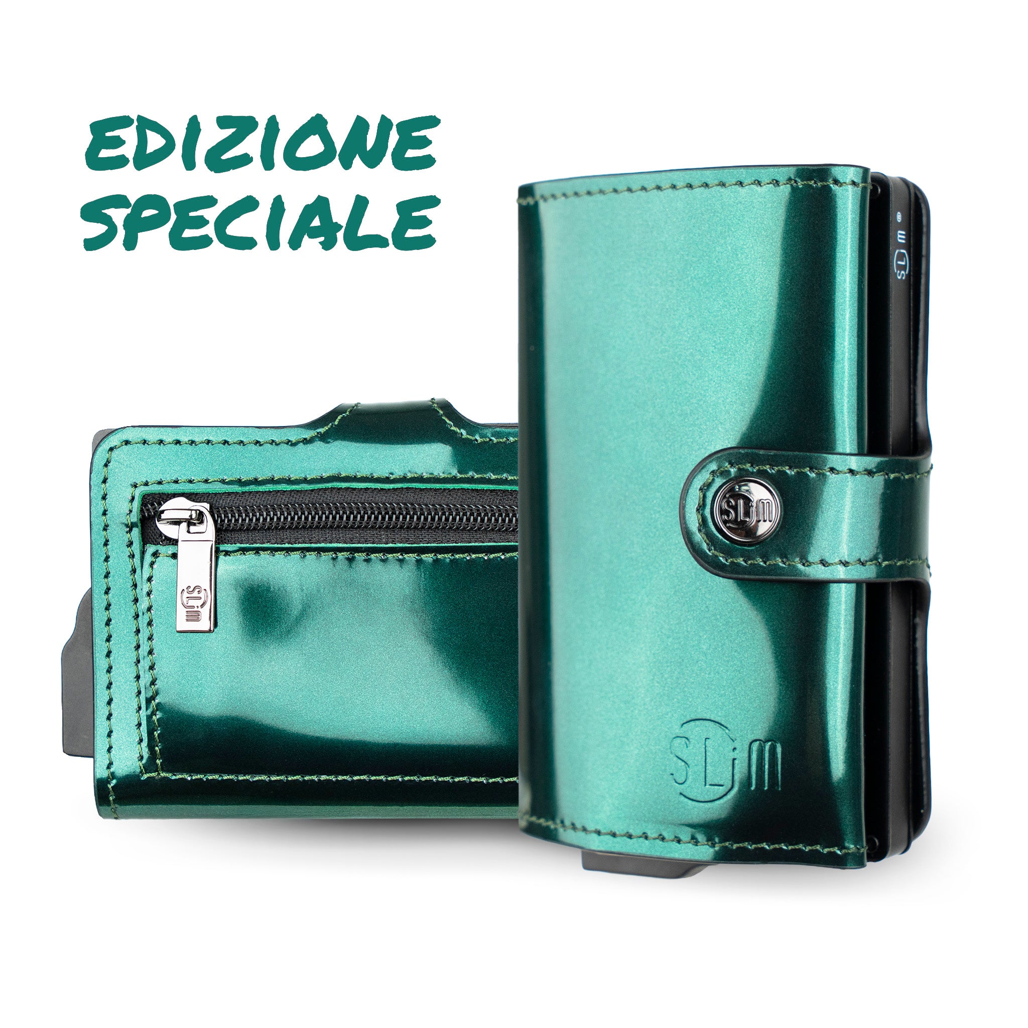 SLim Vera Pelle Specchio portafoglio Blu RFID 12 carte