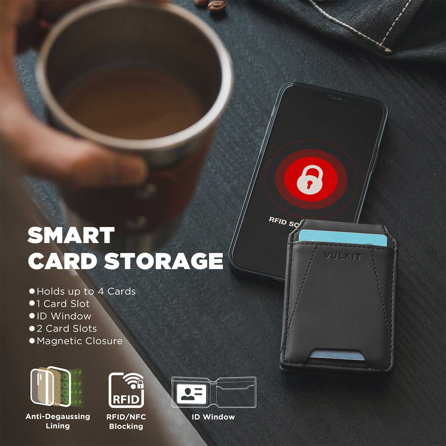 VULKIT VPA109 Portafoglio Magnetico Telefono Nero 4 Carte