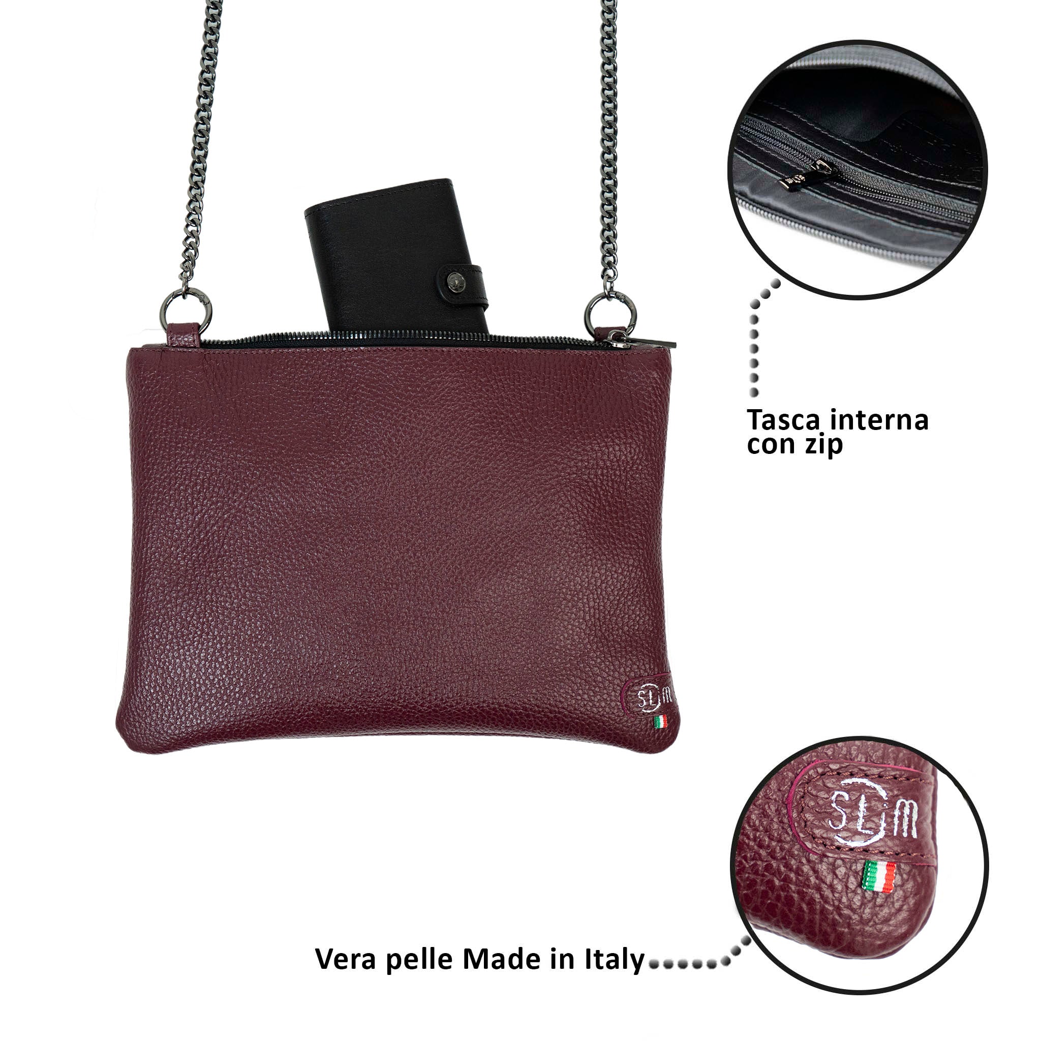 SLim Pochette Tracolla Pelle Bottalato Vinaccia