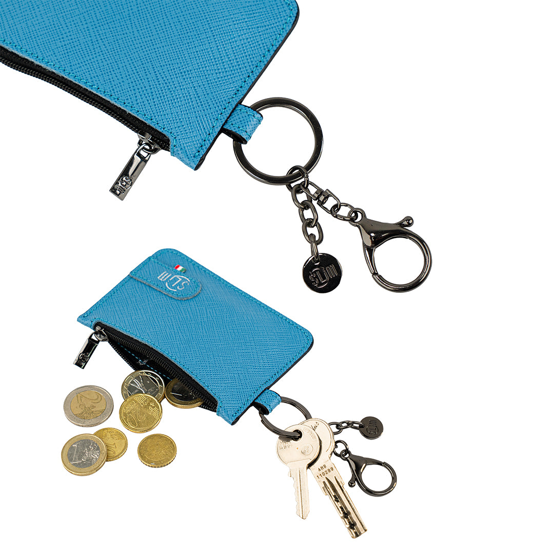 SLim Portachiavi Portamonete Saffiano Azzurro bustina 10x7