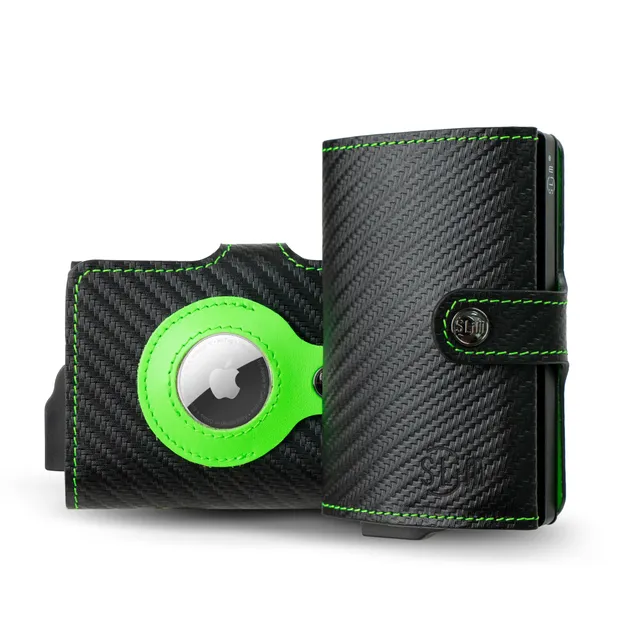 SLim Vera Pelle Carbon portafoglio nero verde fluo AirTag