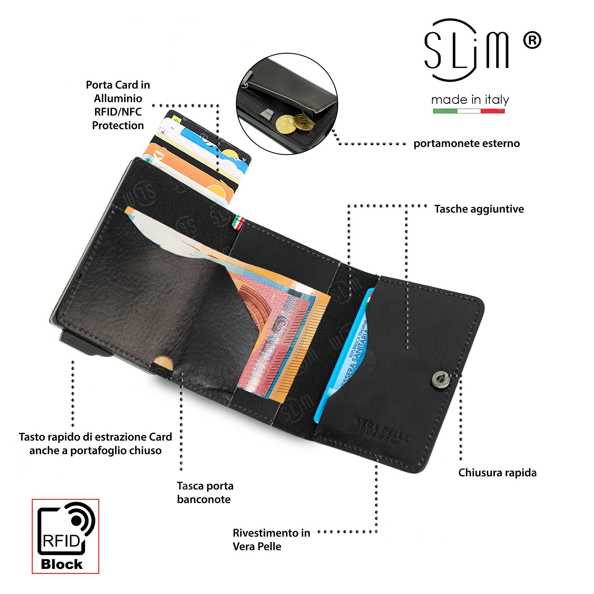 SLim Touch Concia Vegetale Nero portafoglio 10,5x7 RFID