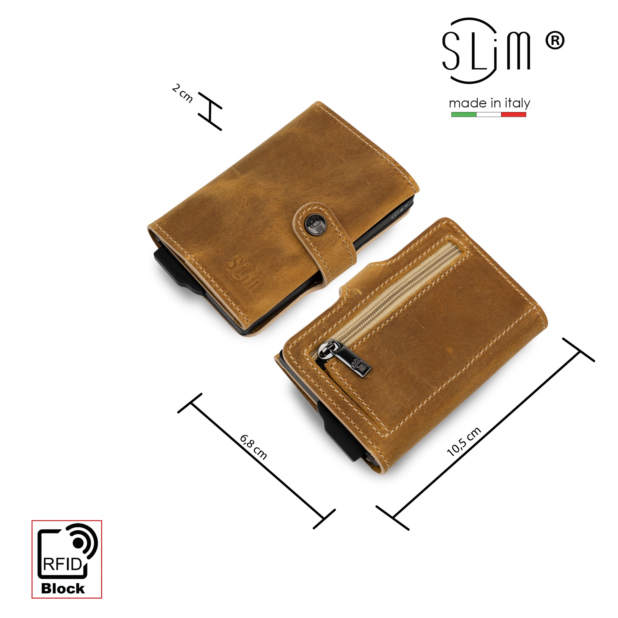 SLim Crazy Horse porta carte sabbia con zip RFID 12 carte