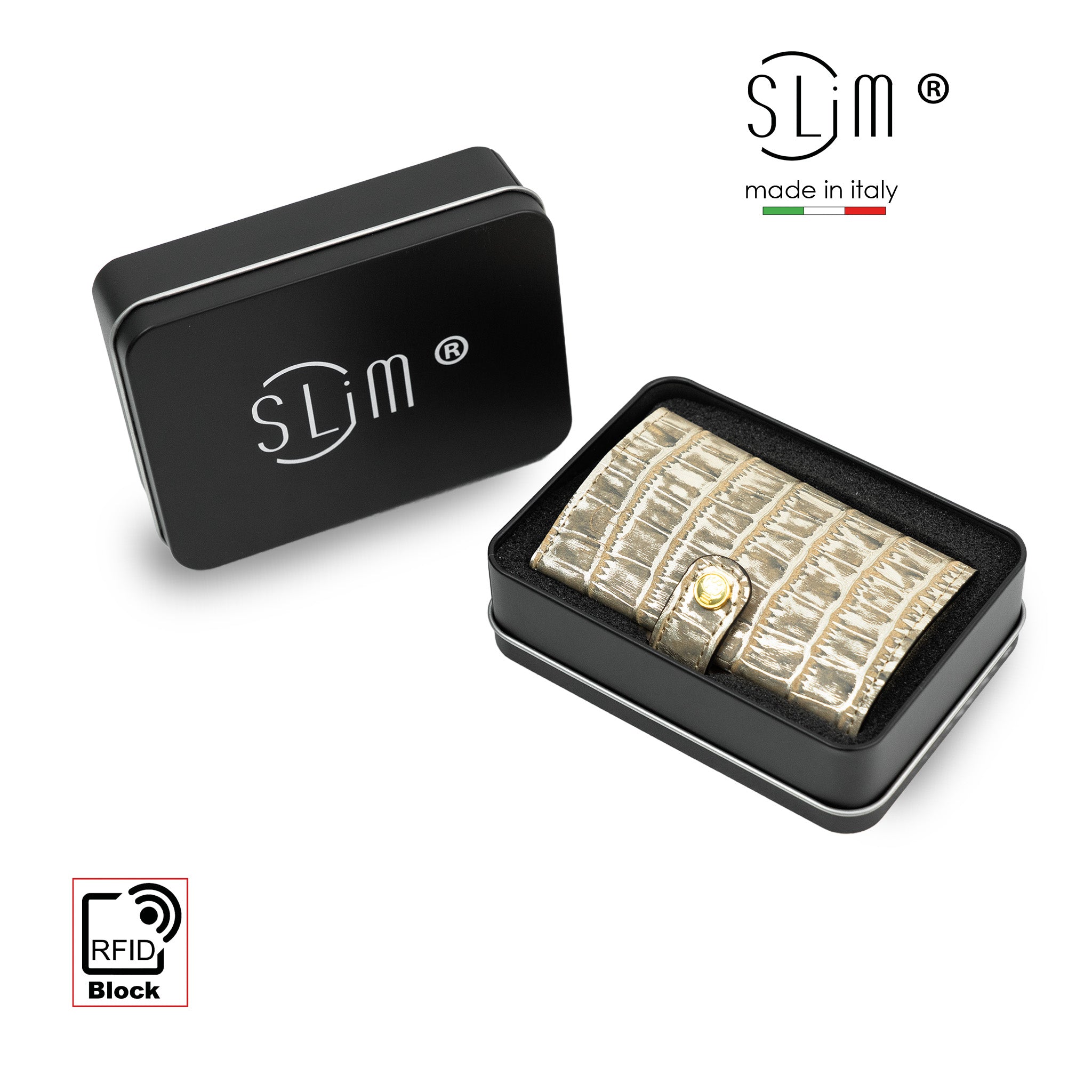 SLim Stampa Cocco Portacarte Pelle Cocco Metal Oro