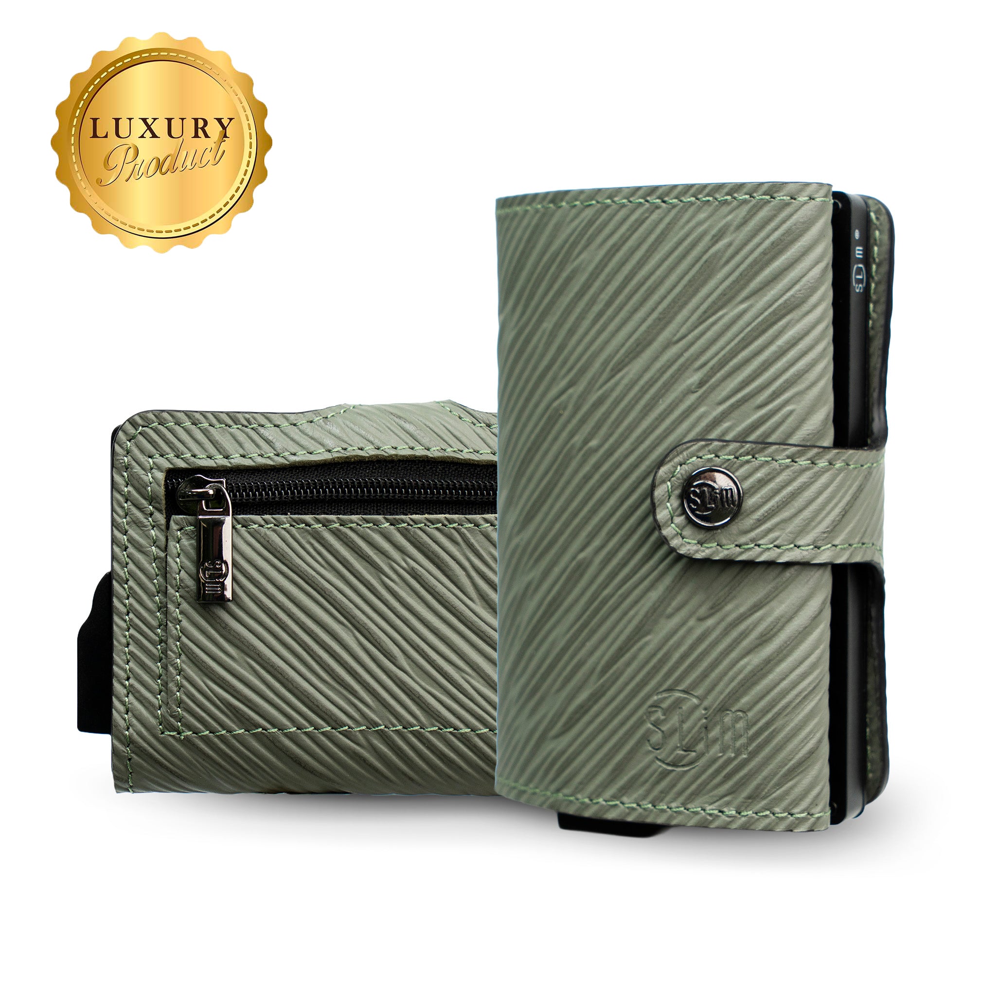 SLim Vera Pelle Stampa Epi Salvia Portafoglio Compatto RFID