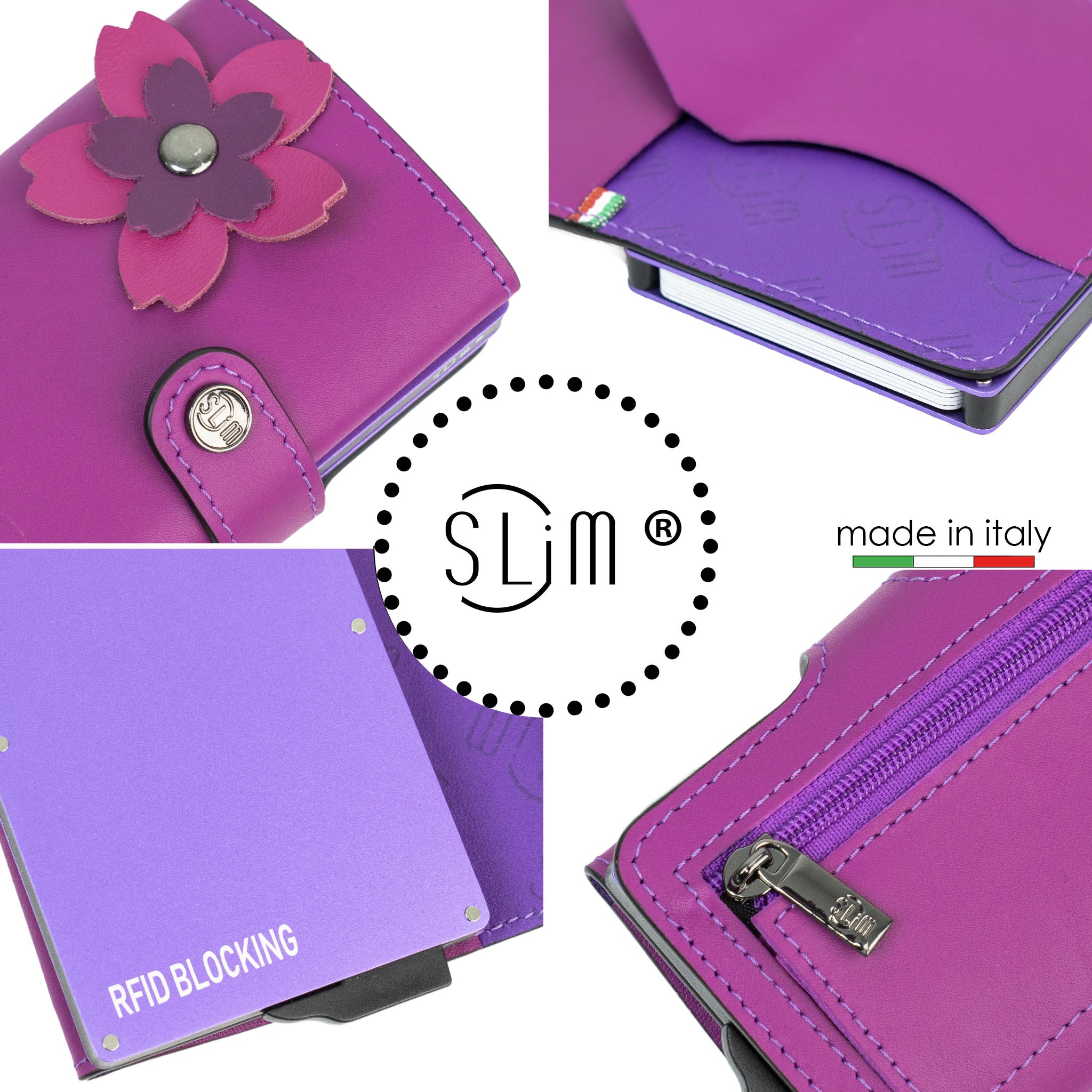 SLim Vera Pelle Portacarte Ciclamino Flower RFID 12 Carte