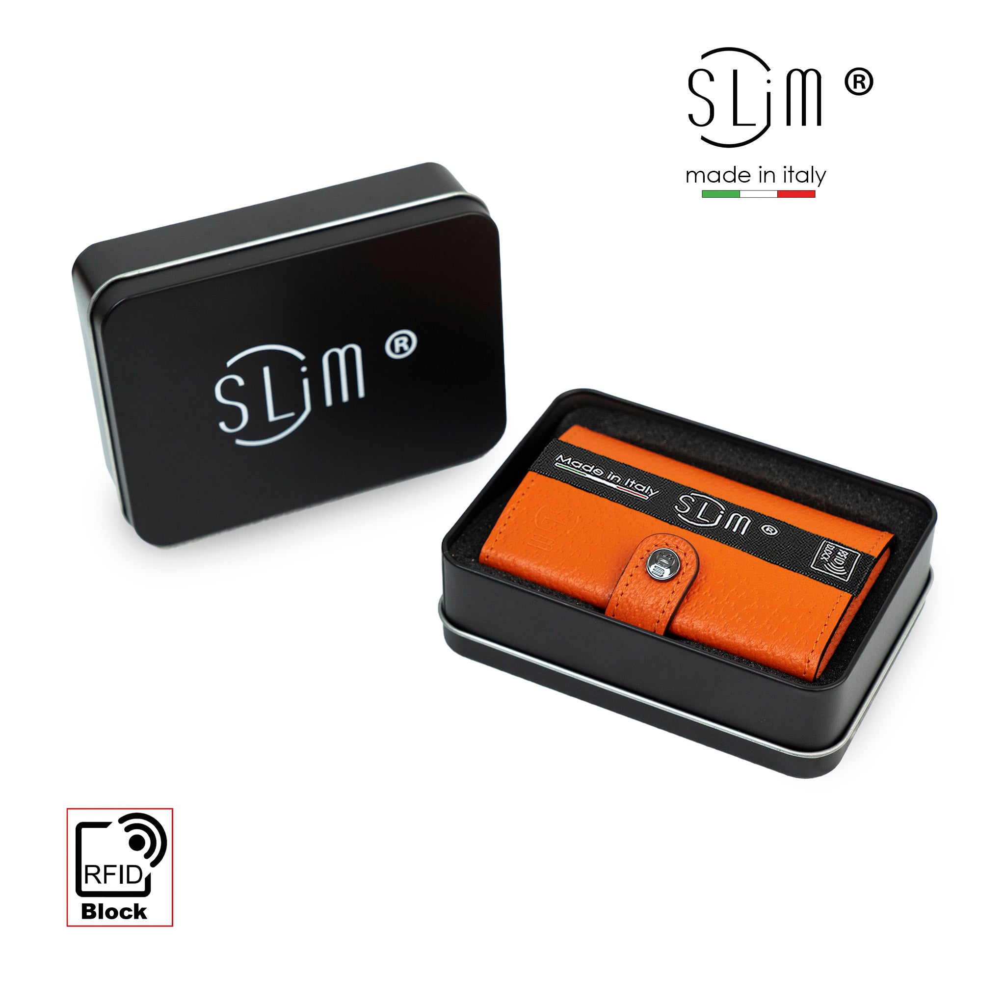 SLim Vera Pelle Cinghialino Portacarte Arancio RFID
