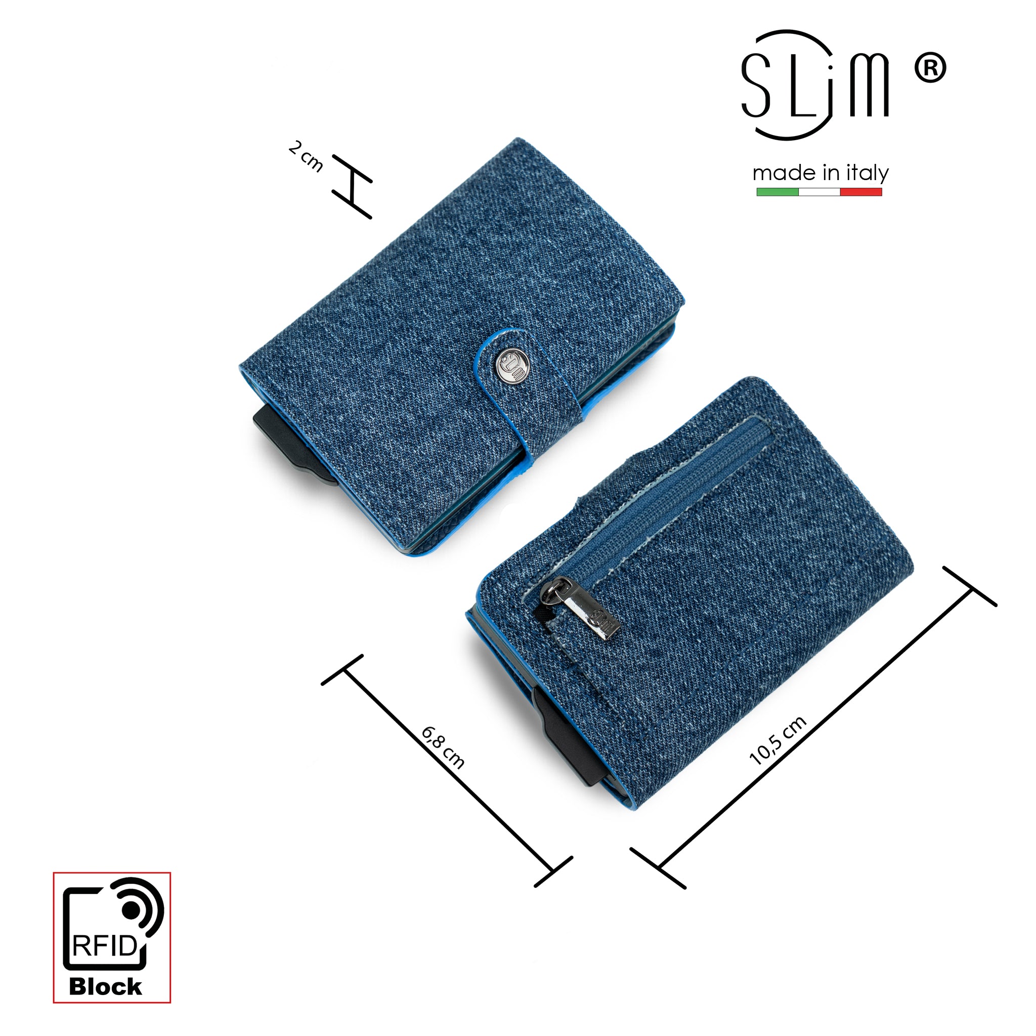 SLim Vera Pelle Porta Carte Jeans Blu con Zip Monete