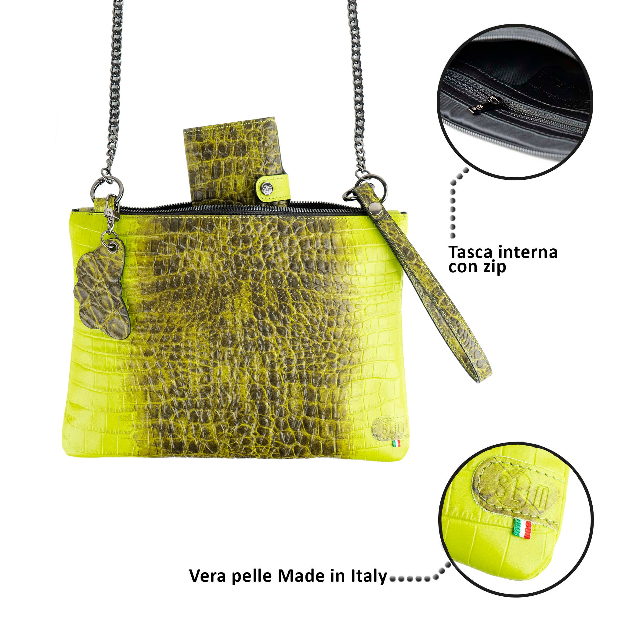 SLim Pochette Tracolla Vera Pelle Cocco Verde 23x14 cm