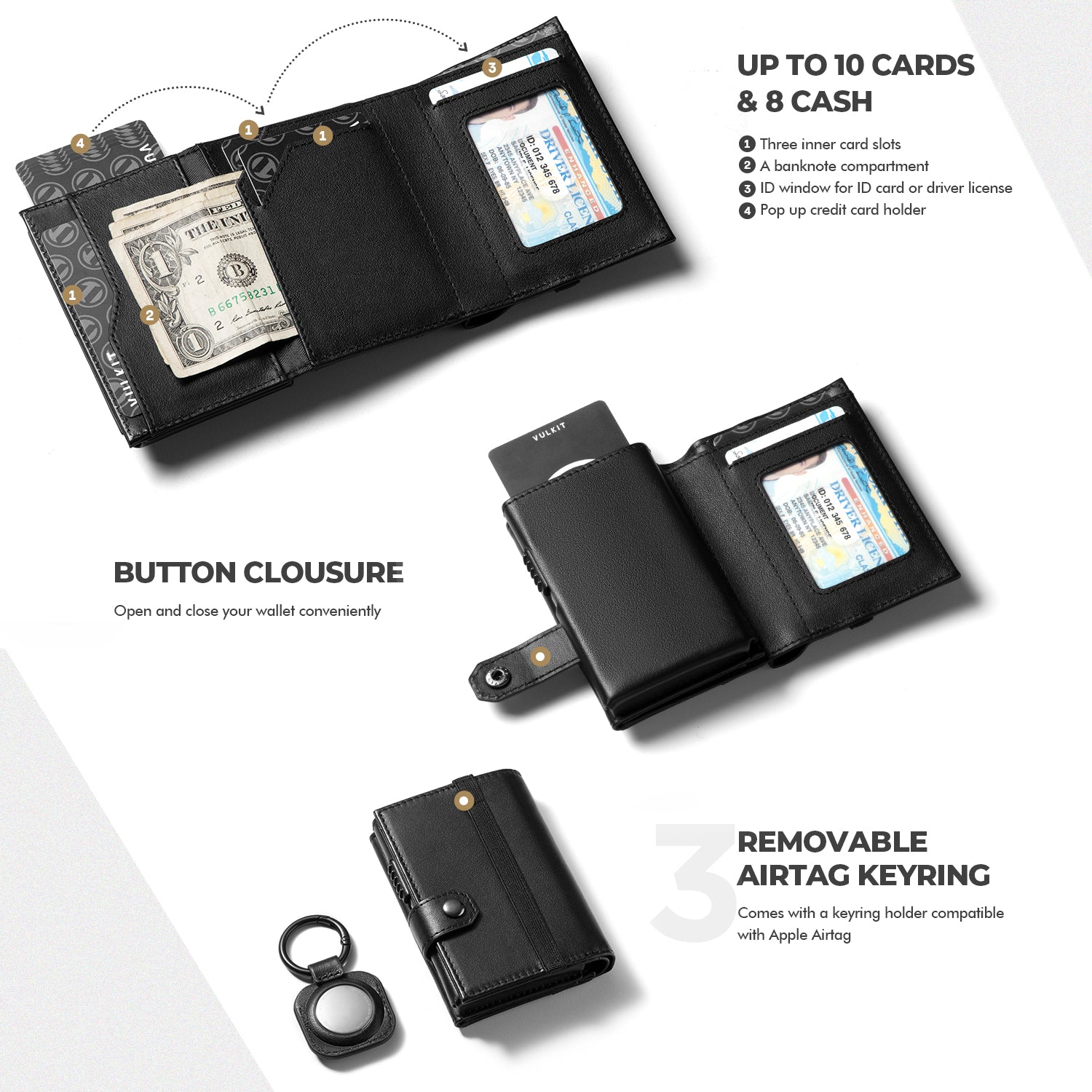 VULKIT VC311P portafoglio uomo pelle nero AirTag RFID pop-up