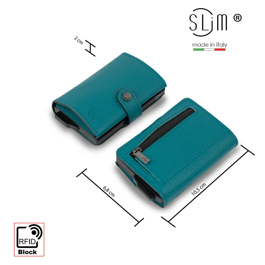 SLim Bottalato Porta Carte Pelle Petrolio Zip RFID