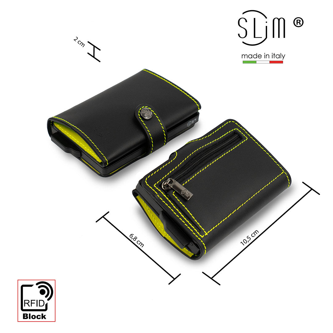 SLim Vera Pelle Nero Lime portacarte zip monete