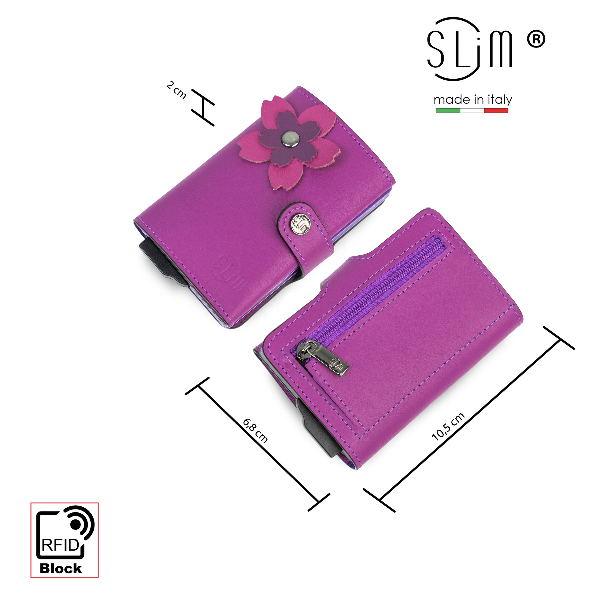 SLim Vera Pelle Portacarte Ciclamino Flower RFID 12 Carte