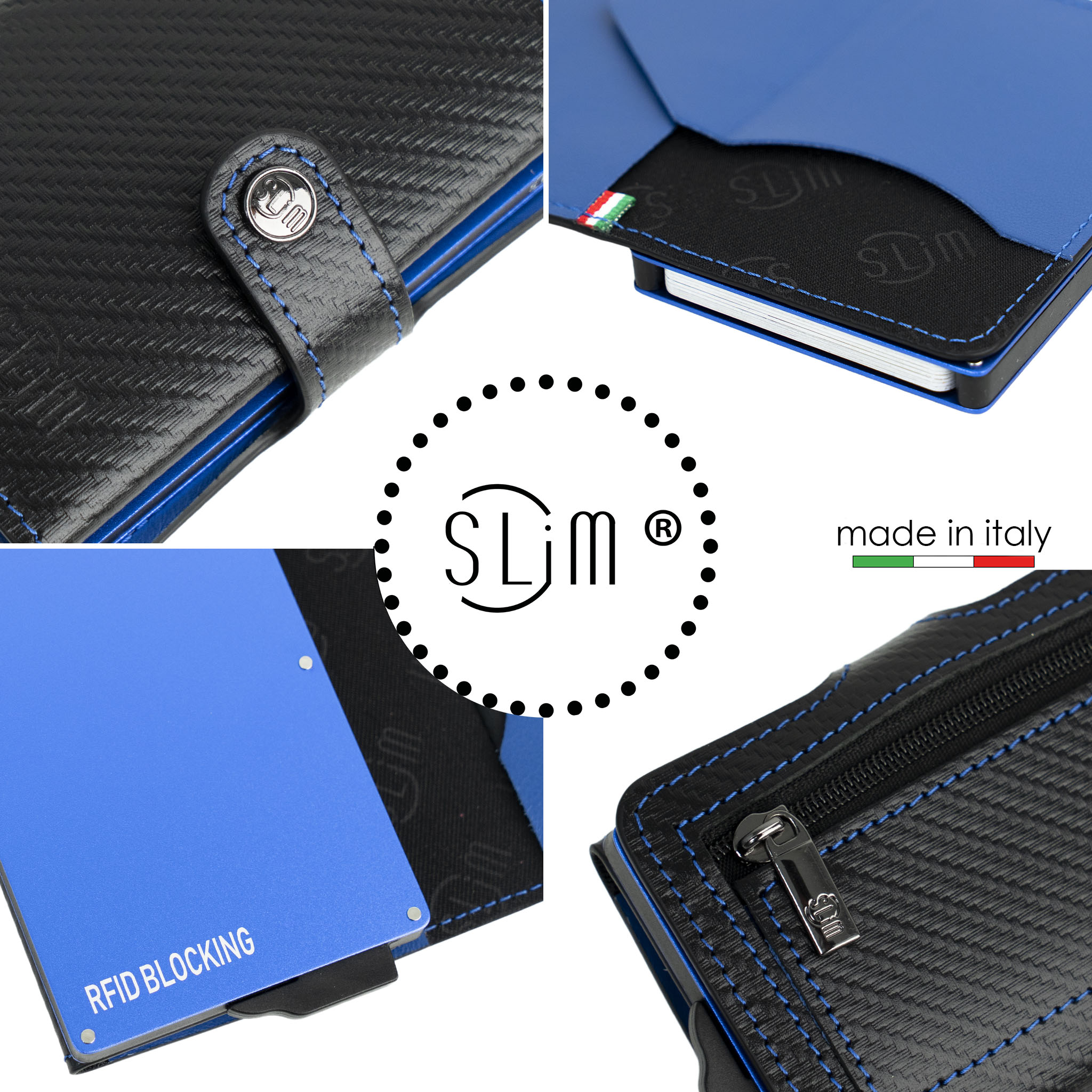 SLim Carbon Style portacarte nero blu zip RFID 12 carte