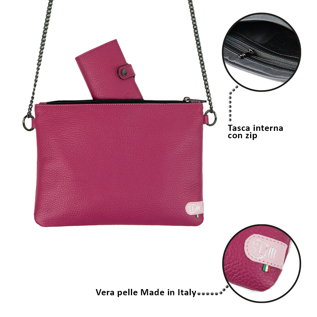 SLim Pochette Tracolla Bottalato Fucsia pelle 24x19 cm