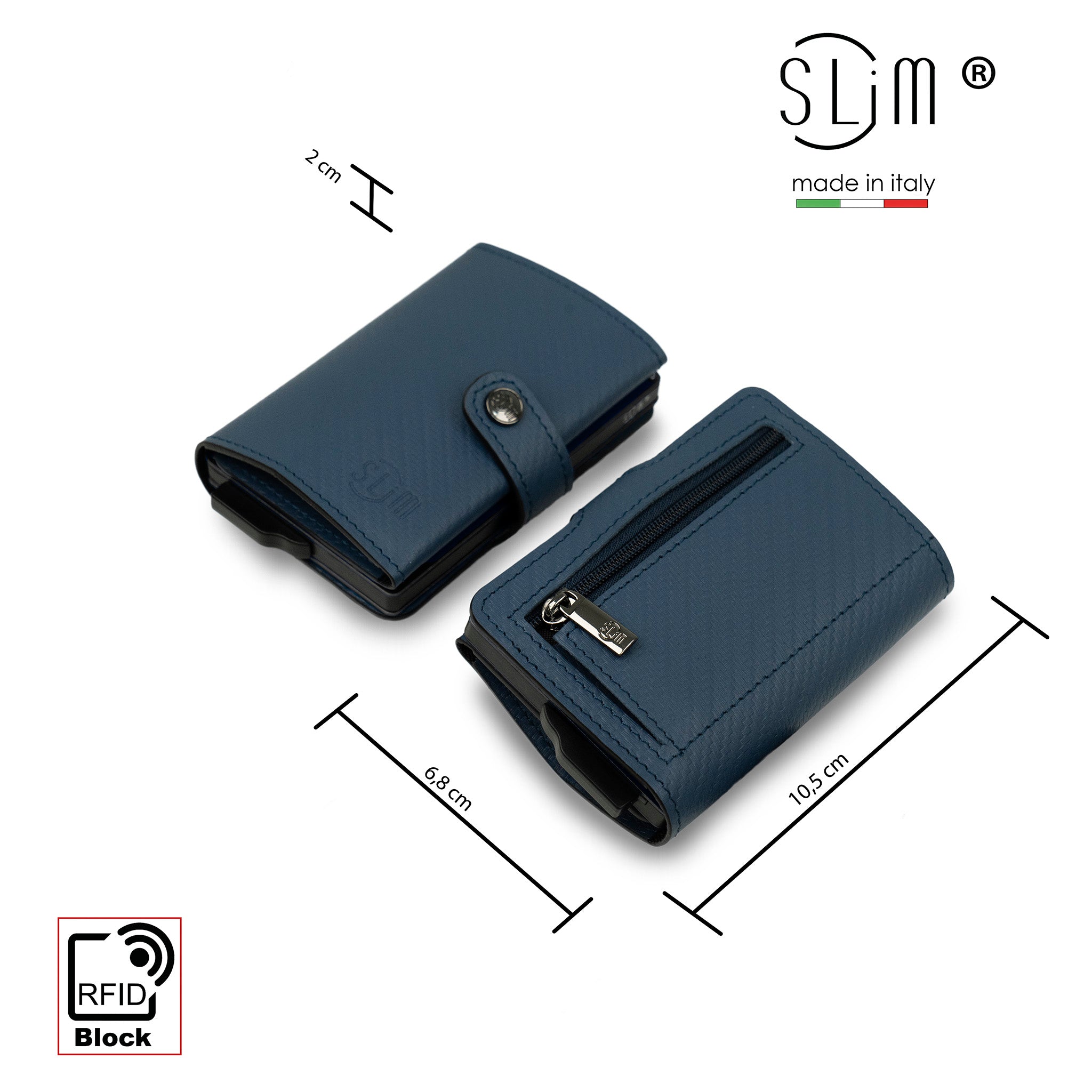 SLim Vera Pelle Carbon Portacarte Blu con Zip 12 Carte