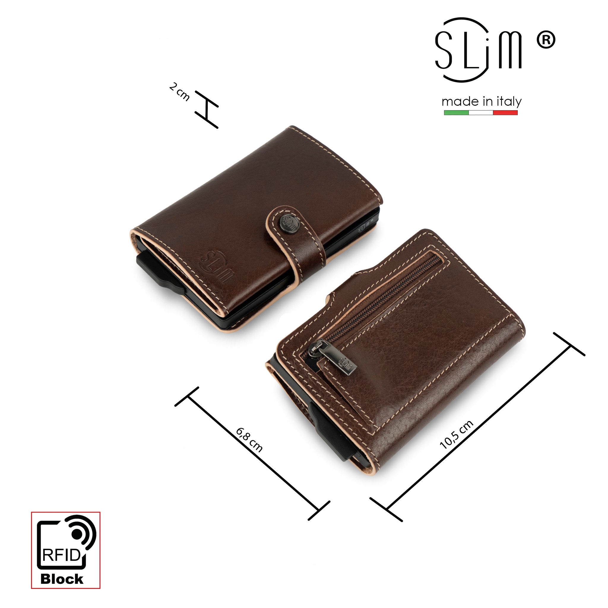 SLim Vera Pelle Portafoglio Marrone Vegetale Zip RFID 12 Carte
