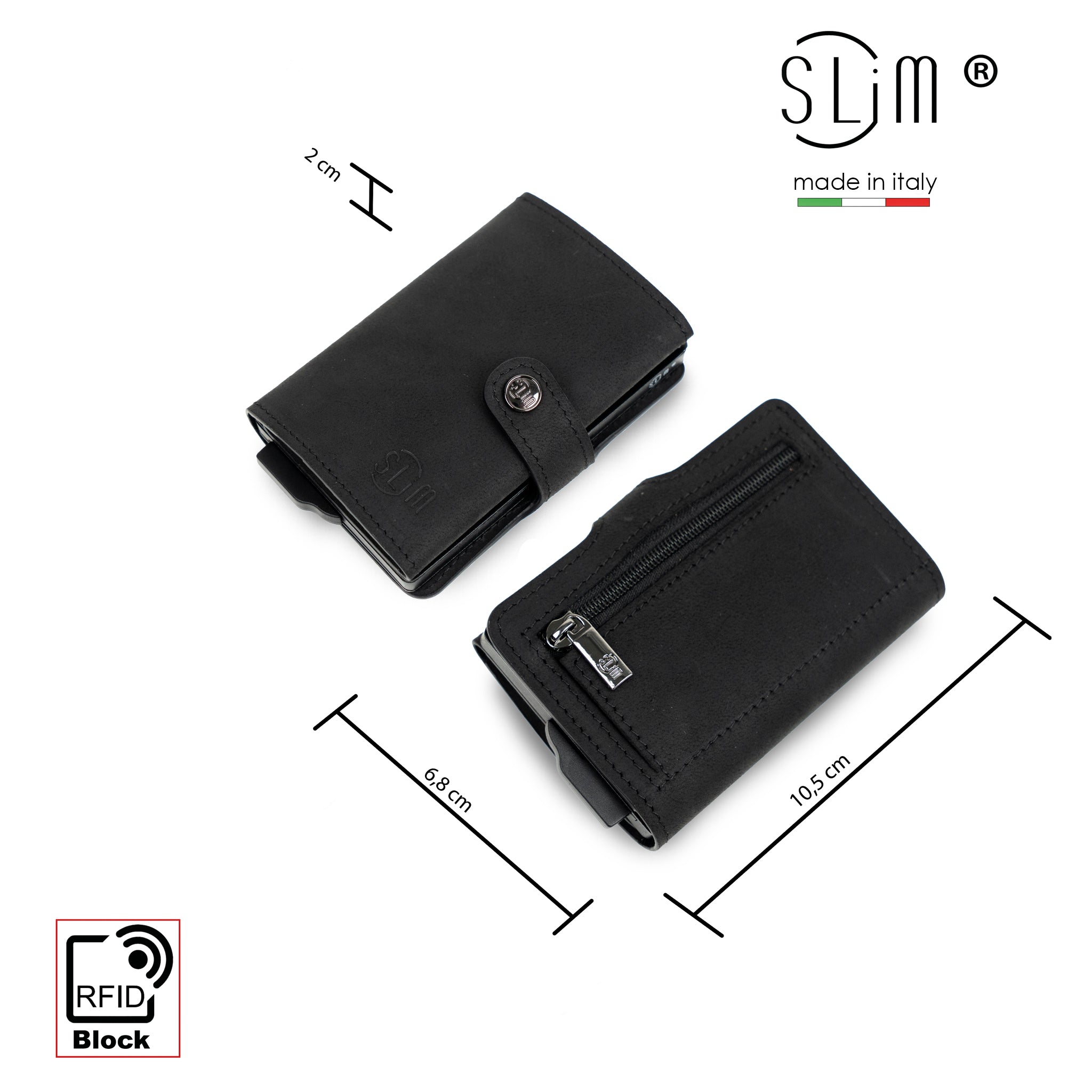 SLim Crazy Horse Portacarte Pelle Nero con Zip RFID