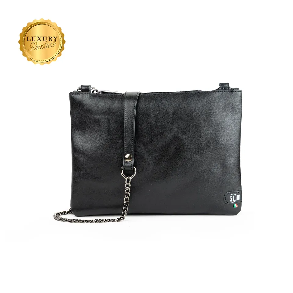 SLim Pochette Tracolla pelle vegetale nero 24x19,5 cm