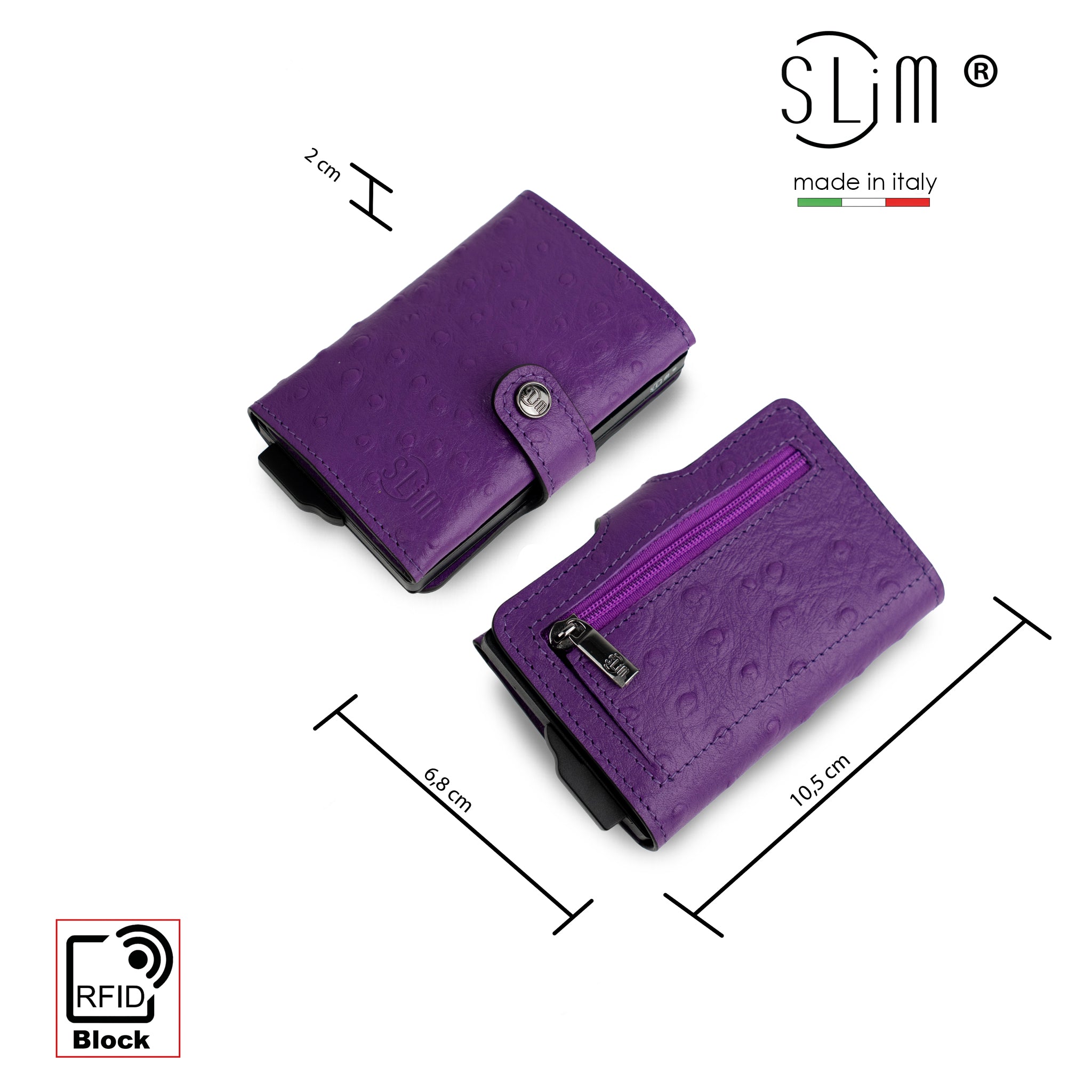 SLim Vera Pelle Portafoglio Stampa Struzzo Viola compatto RFID
