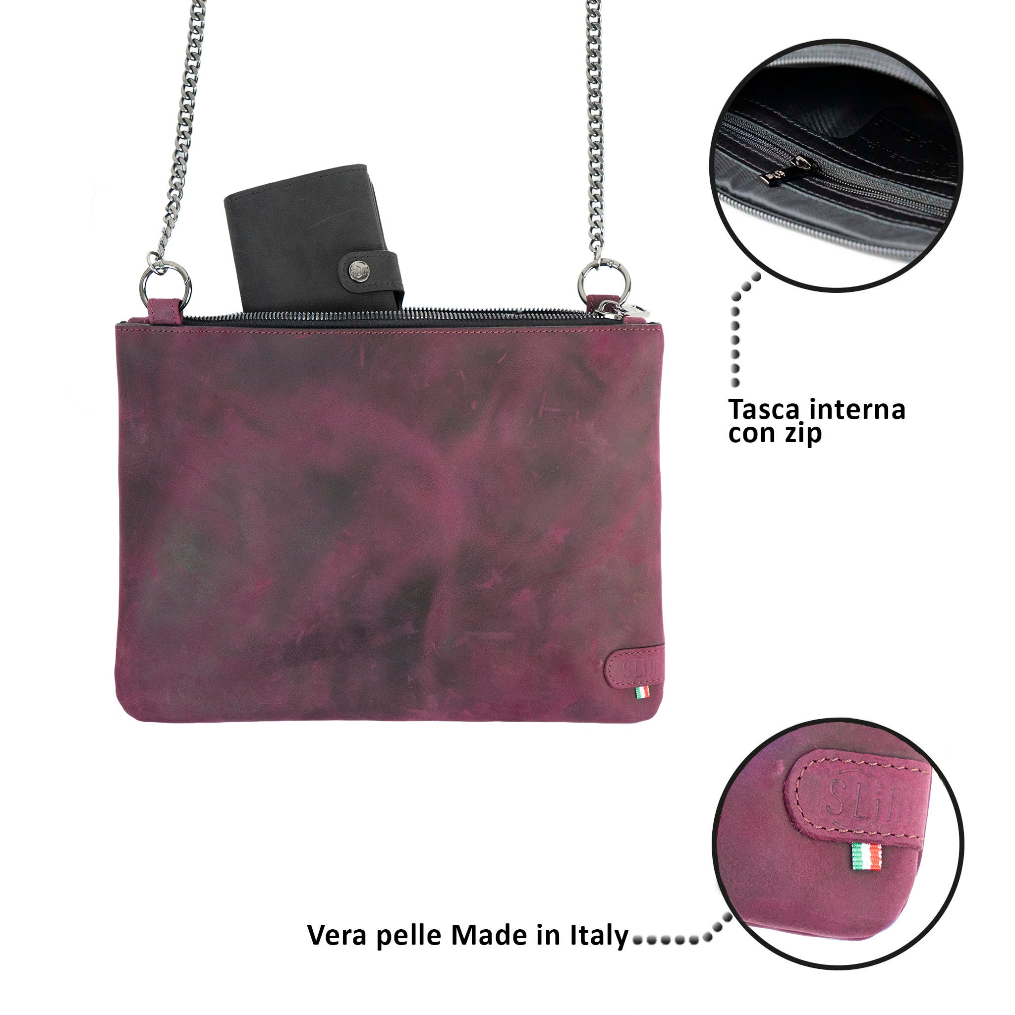 SLim Pochette Tracolla Vera Pelle Viola Crazy 23x14 cm