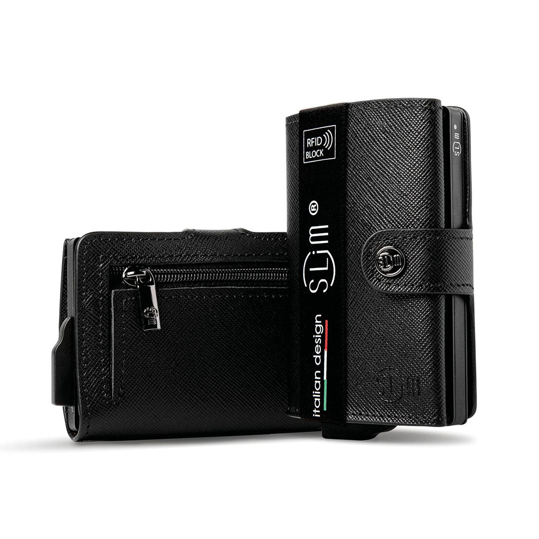 SLim Saffiano Nero portacarte zip pelle anti graffio