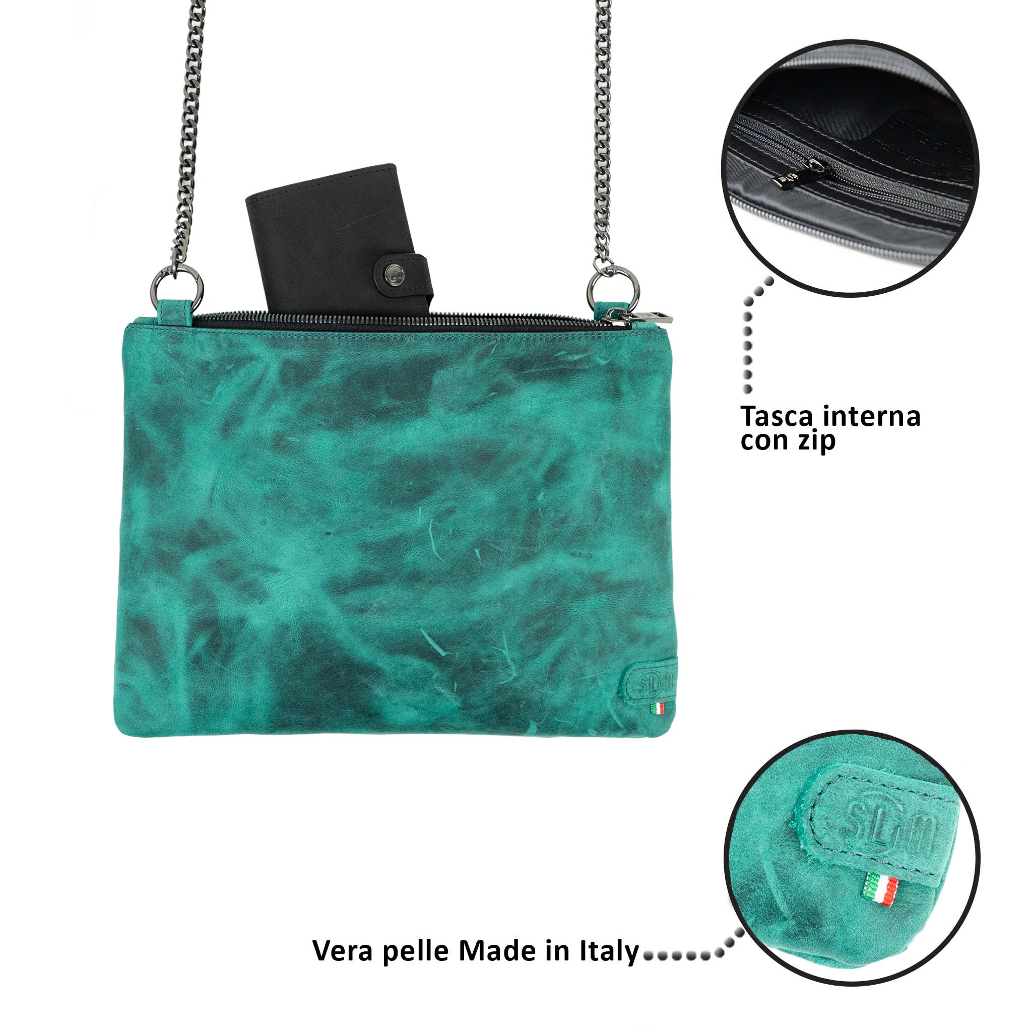 SLim Pochette Tracolla Pochette Pelle Crazy Acquamarina 23x14