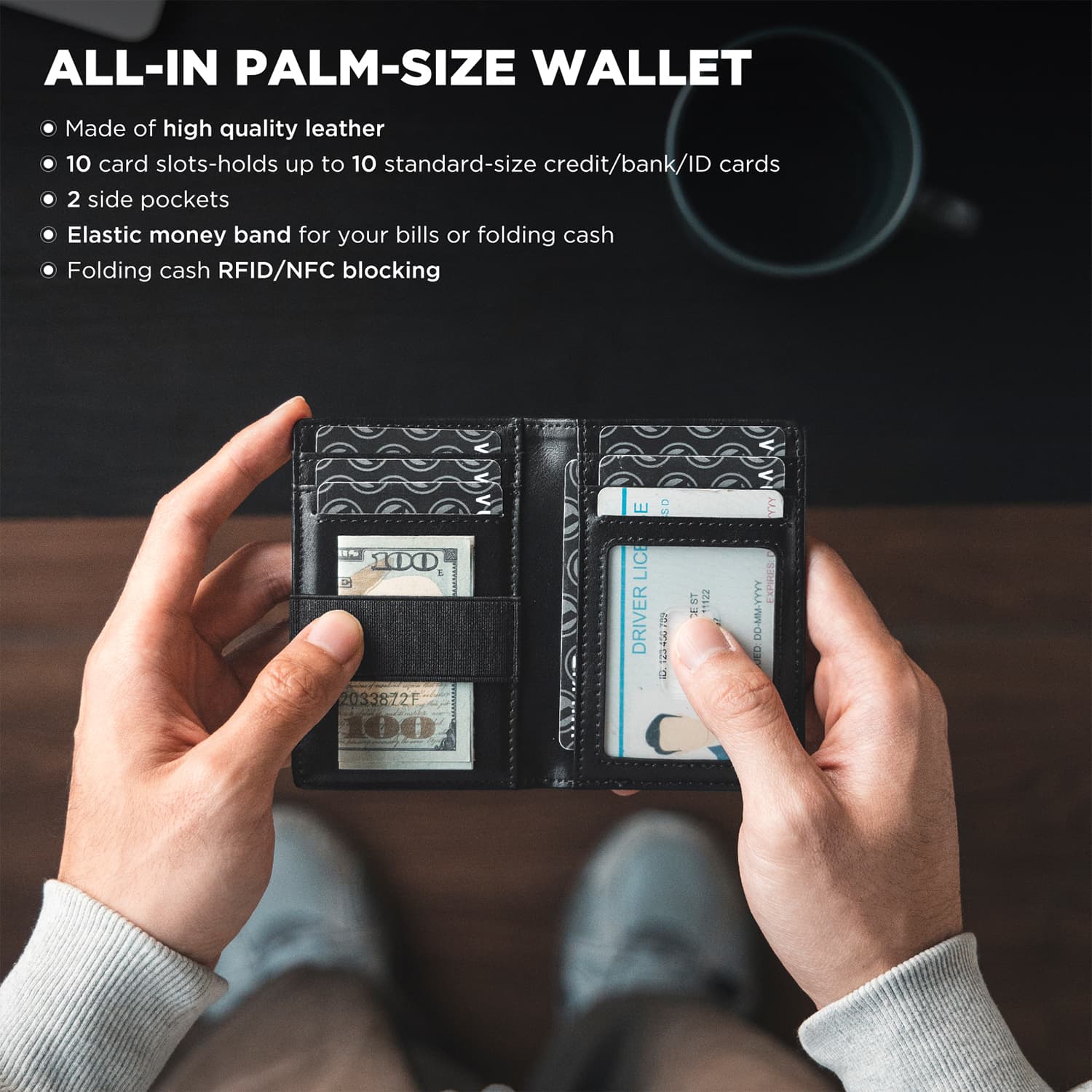 VULKIT Card Holders VW123 Portacarte Pelle Nero RFID 10 Slot