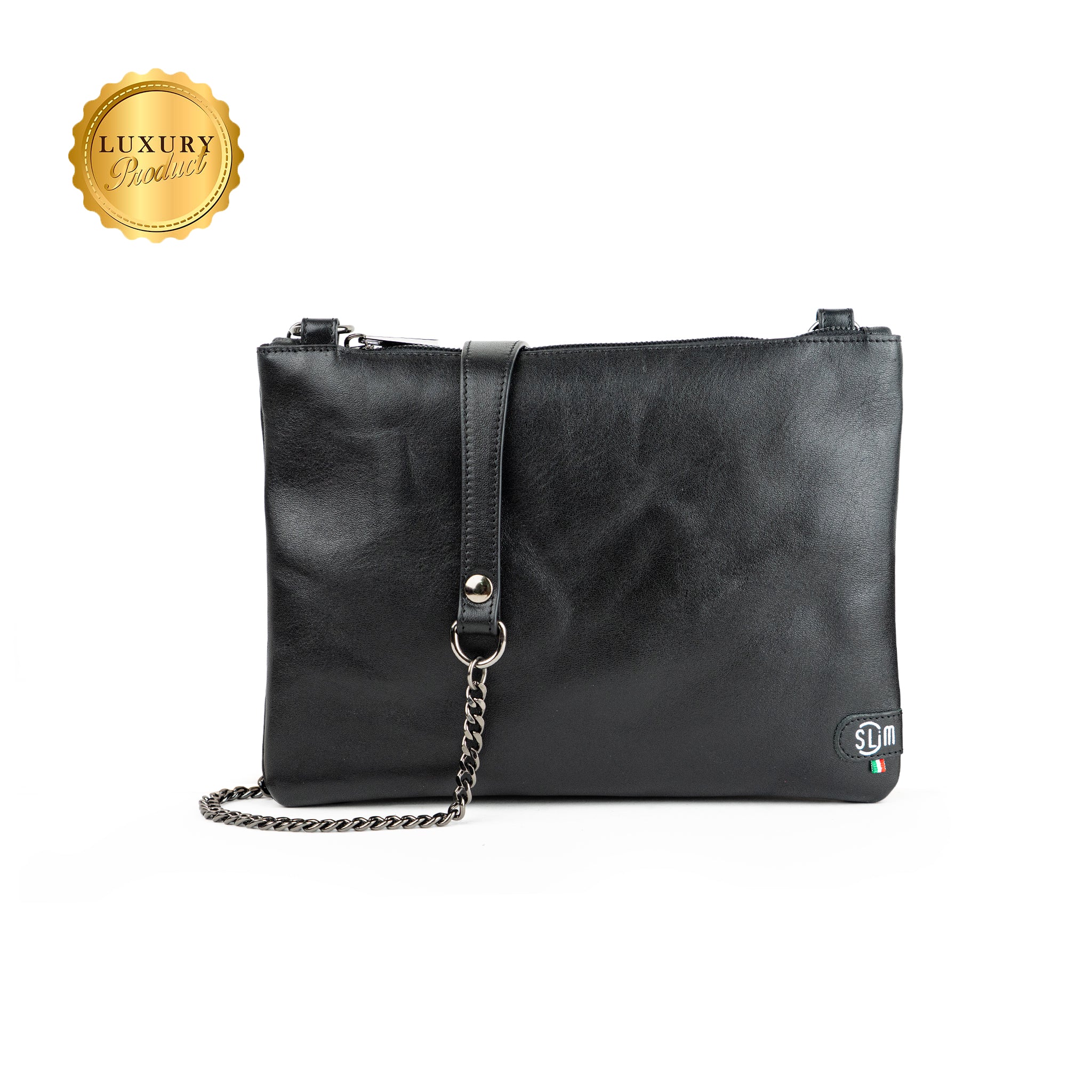 SLim Pochette Tracolla pelle vegetale nero 24x19,5 cm