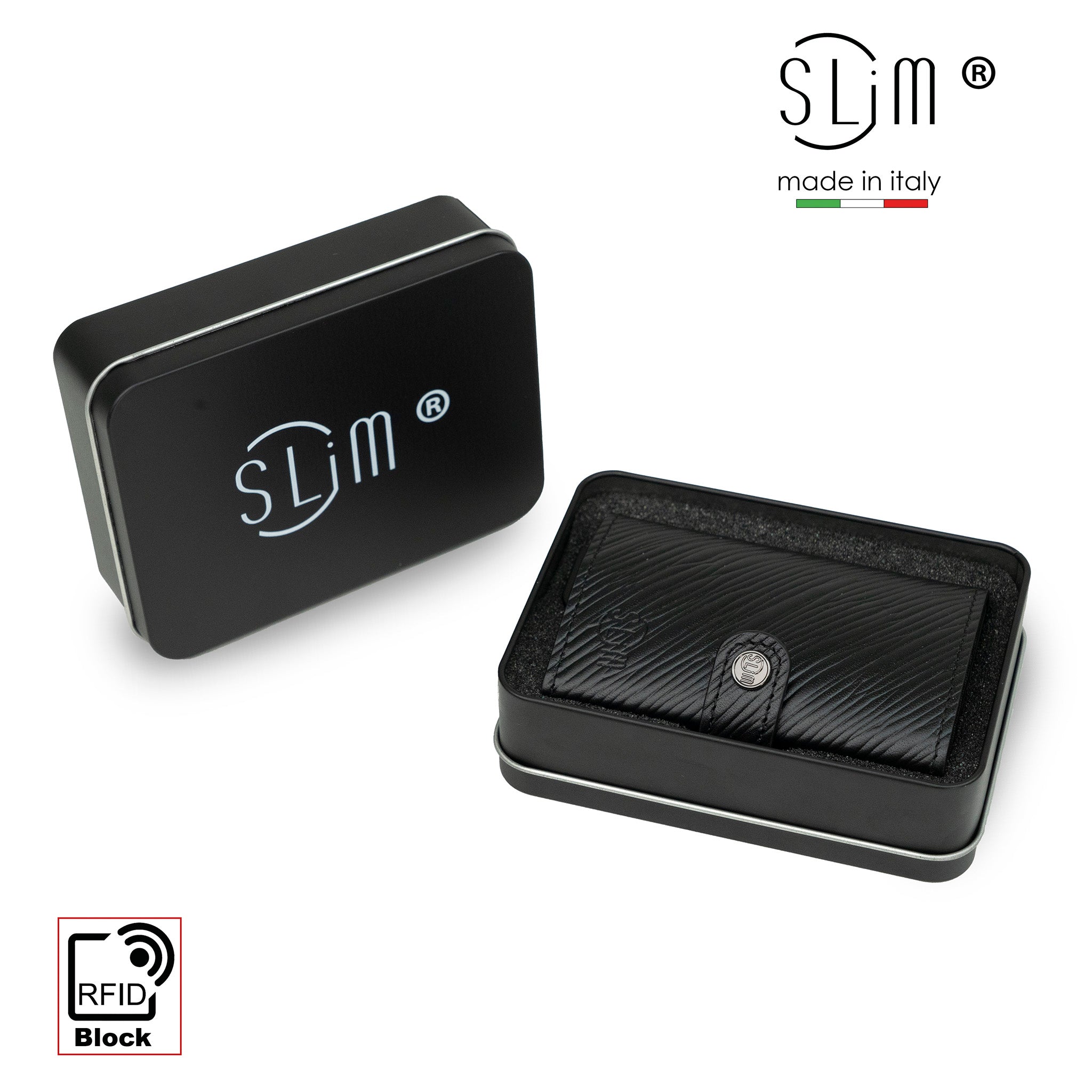 SLim Vera Pelle Epi portafoglio compatto Nero con zip RFID