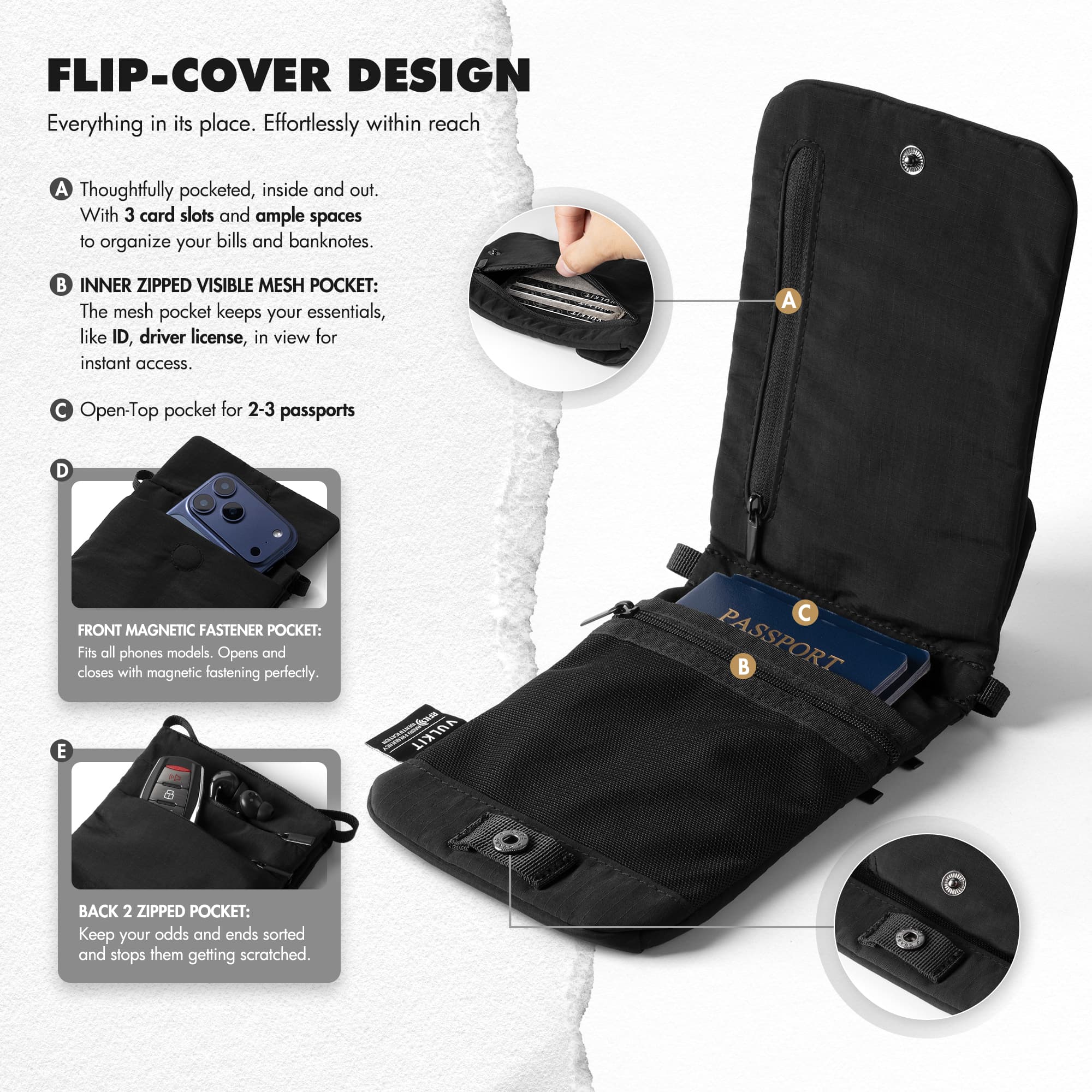 VULKIT Bags VB108 custodia telefono nero RFID leggera