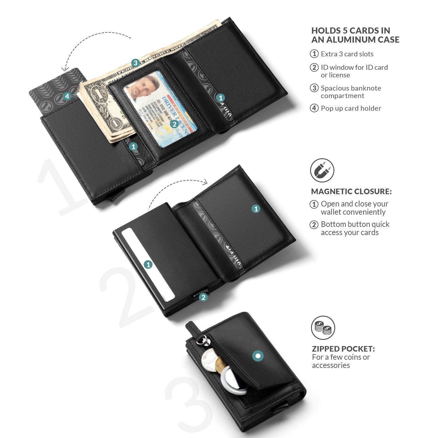 VULKIT Pop Up VC203P Portafoglio Pelle Nero 5 carte