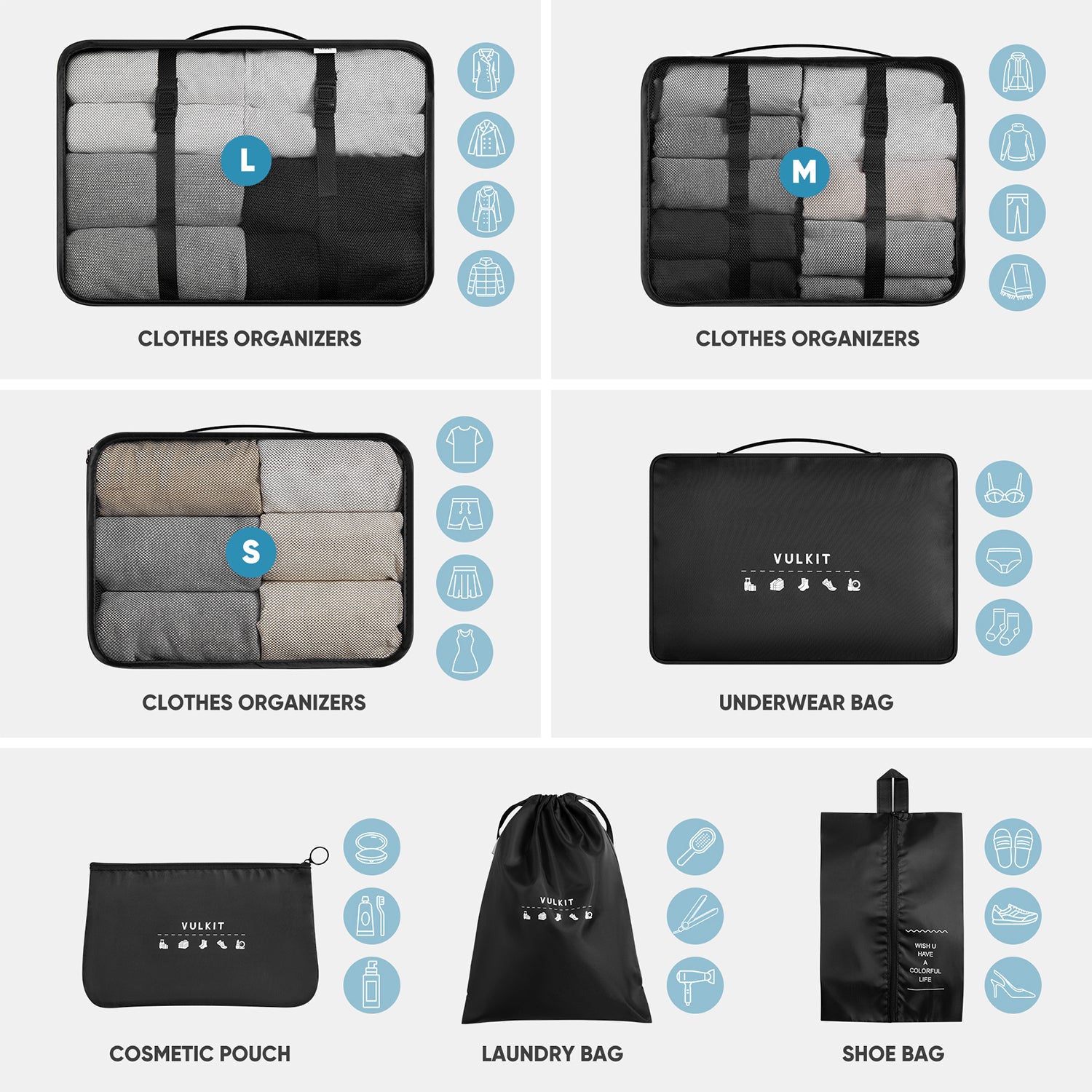 VULKIT Travel Gear VTB100 organizer valigia 7 pezzi nero impermeabile