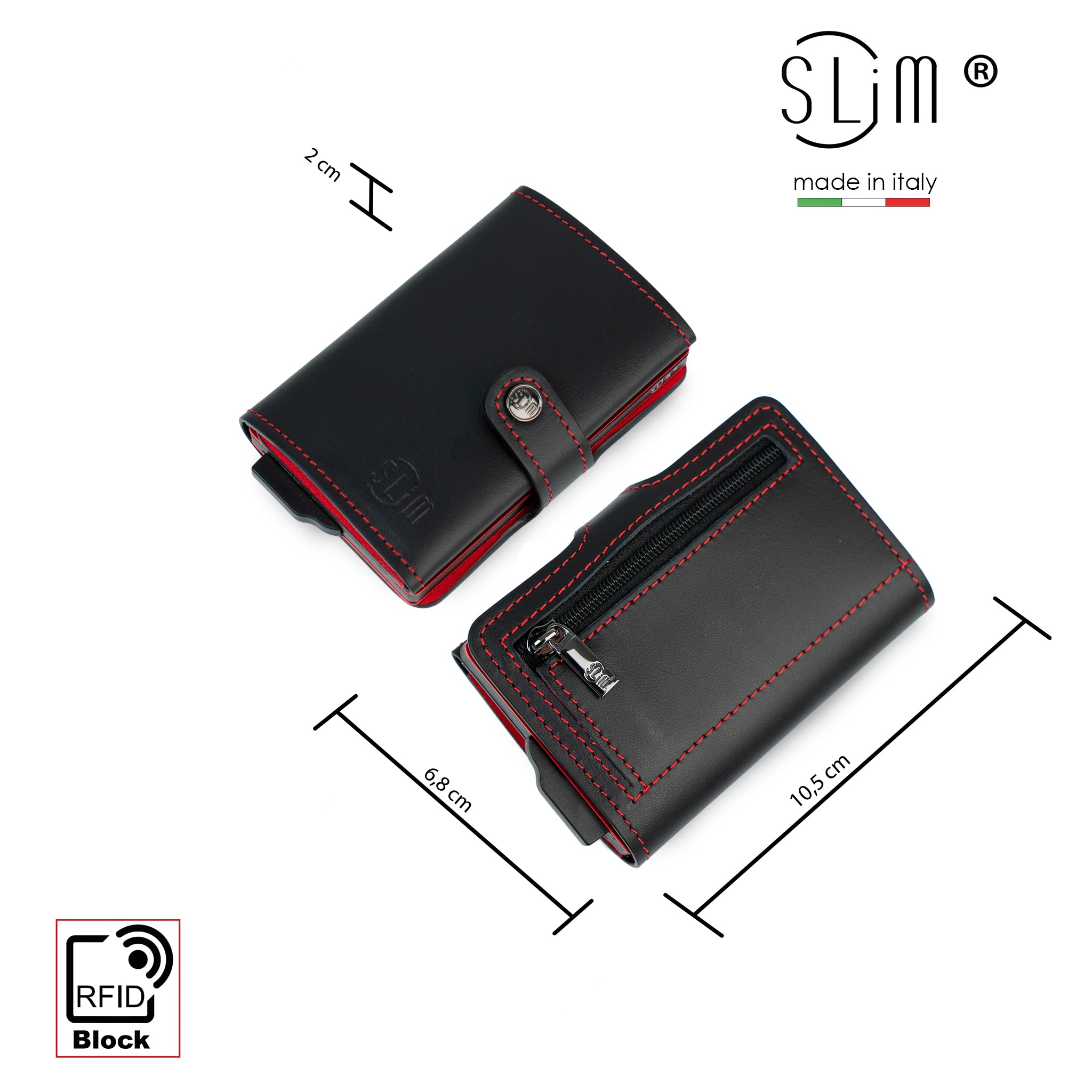 SLim Vera Pelle portafoglio nero rosso zip RFID 12 carte