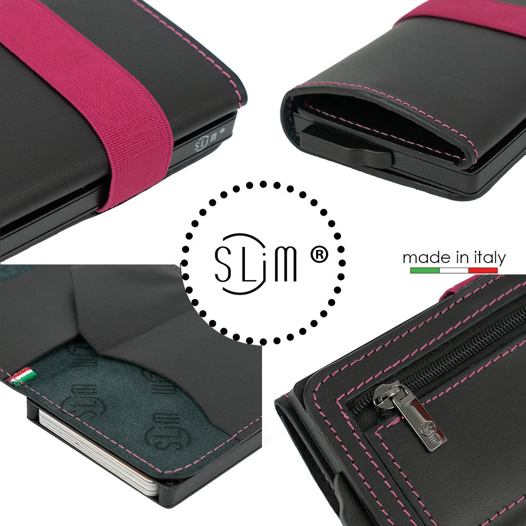SLim Nero Elastico Fucsia portafoglio zip vera pelle